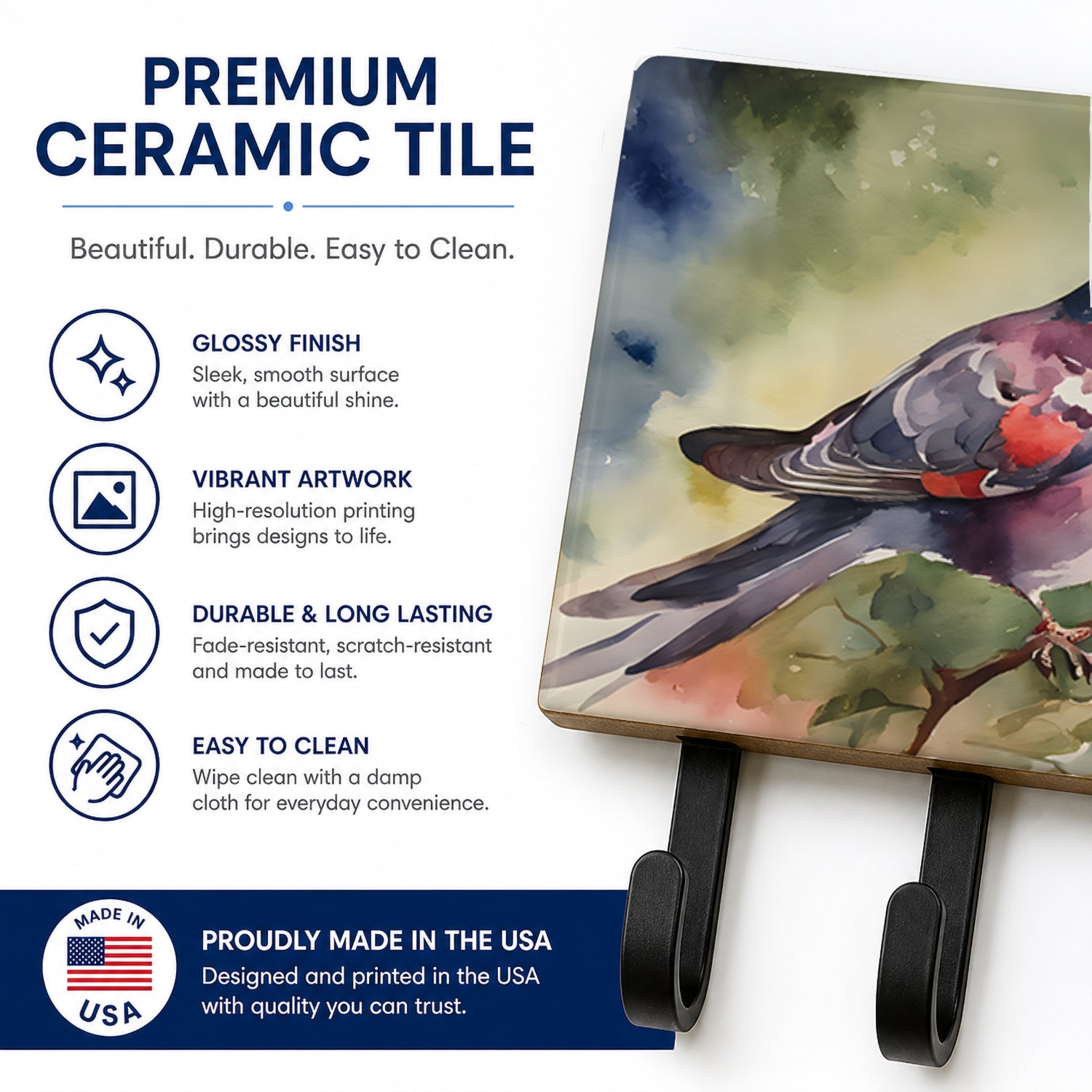 Pigeon Perched with Flowers Leash or Key Holder Wall Hooks, Coat Rack Wall Mount, for Hanging Keys, Towels, Aprons, Leashes