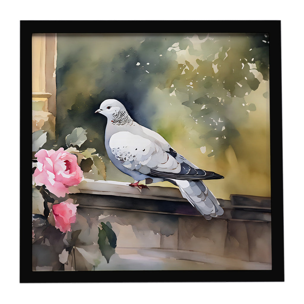 White Dove with Flowers Peaceful Framed Metal Print Bathroom, Kitchen, Office, Home Decor Wall Art Ready to Hang, Square, 8X8