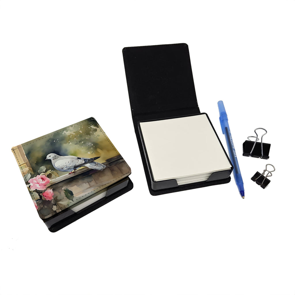 White Dove with Flowers Peaceful PU Leather Note Paper Holder with Artist-Designed Cover, Desk Accessory, Office Gift