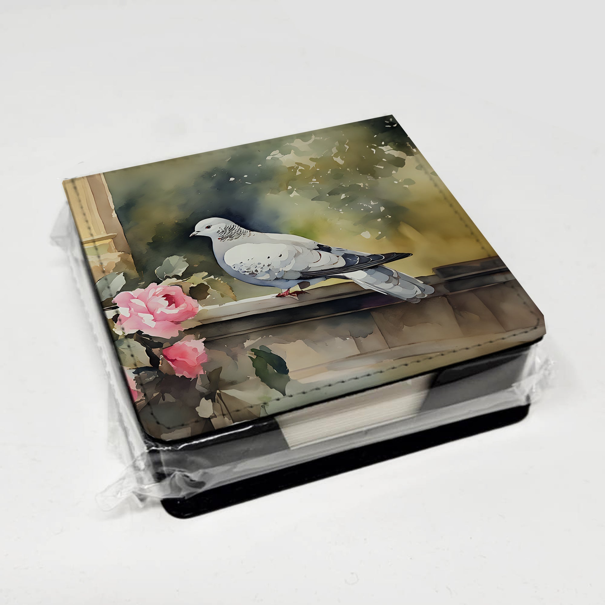 White Dove with Flowers Peaceful PU Leather Note Paper Holder with Artist-Designed Cover, Desk Accessory, Office Gift