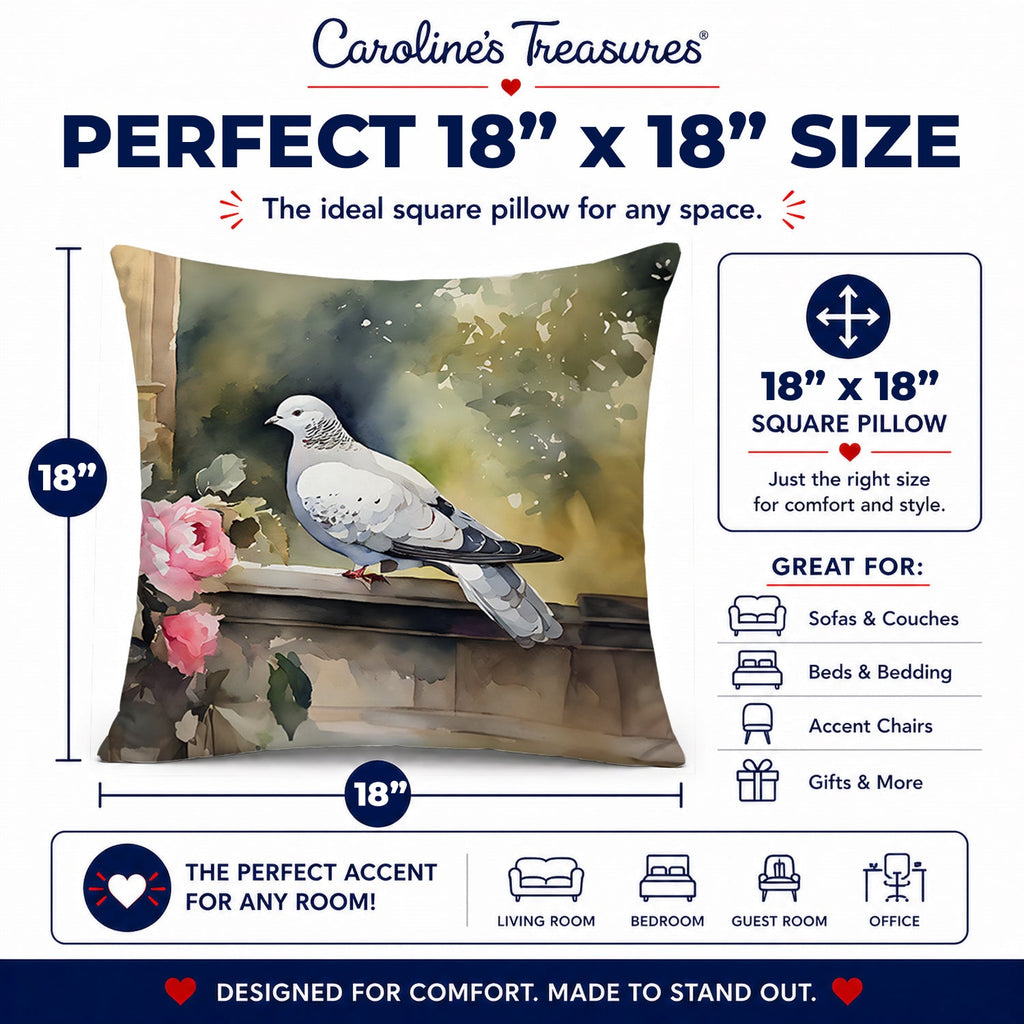 White Dove with Flowers Peaceful Decorative Throw Pillow 18x18 Indoor Outdoor Accent Cushion, Fabric Cover with Insert for Sofa, Bed, Porch & Living Room