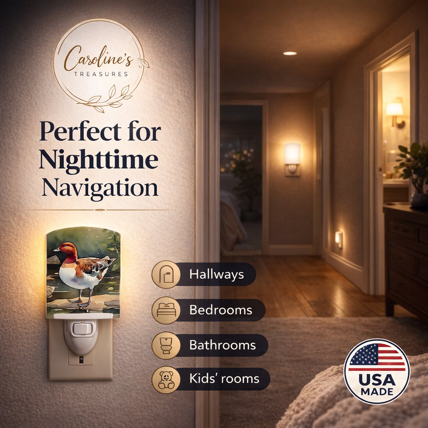 Redhead Duck Standing by Water Ceramic Night Light Compact, UL-Certified, Ideal for Bedroom, Bathroom, Nursery, Hallway, Kitchen, 6x4x3, Multicolor