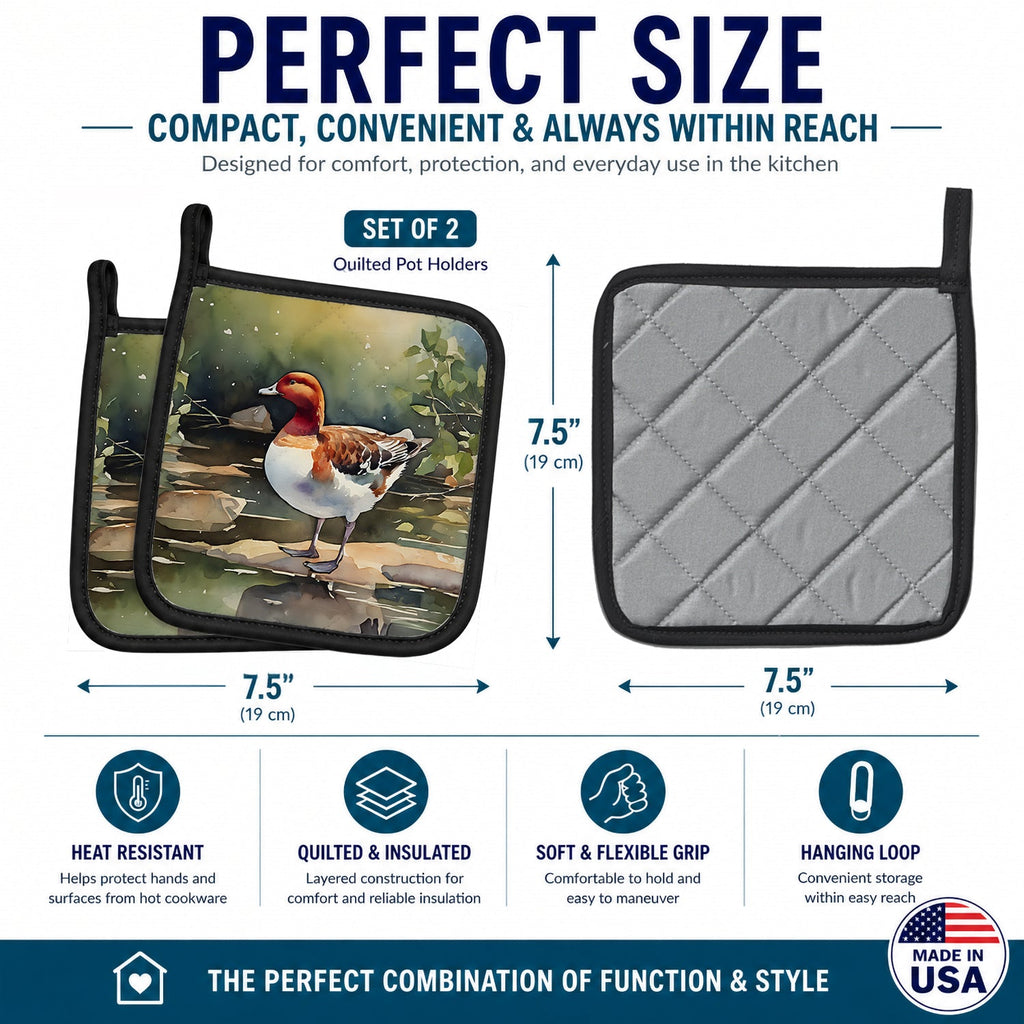 Redhead Duck Standing by Water Pot Holder Set of 2 Heat Resistant Quilted Hot Pads 7.5 x 7.5 Inch, Insulated Kitchen Trivets for Cooking & Baking