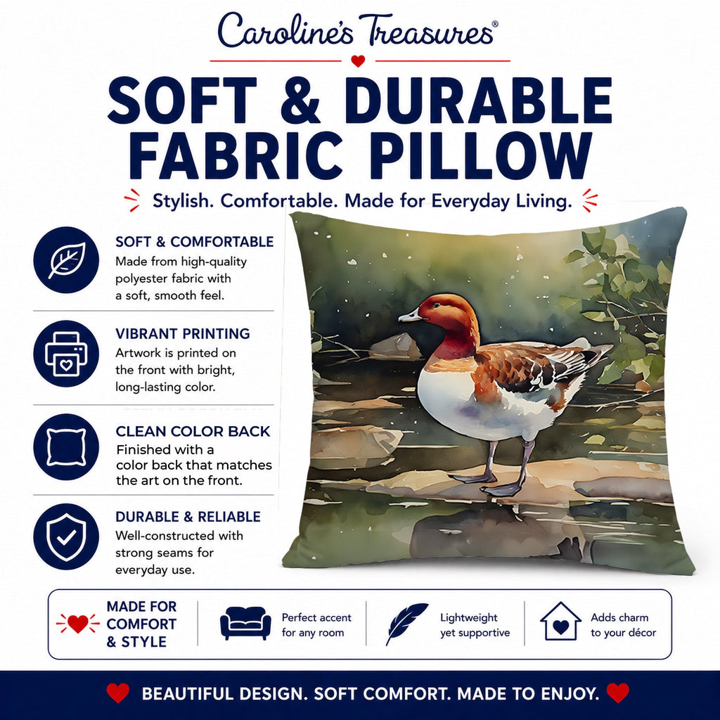Redhead Duck Standing by Water Decorative Throw Pillow 18x18 Indoor Outdoor Accent Cushion, Fabric Cover with Insert for Sofa, Bed, Porch & Living Room