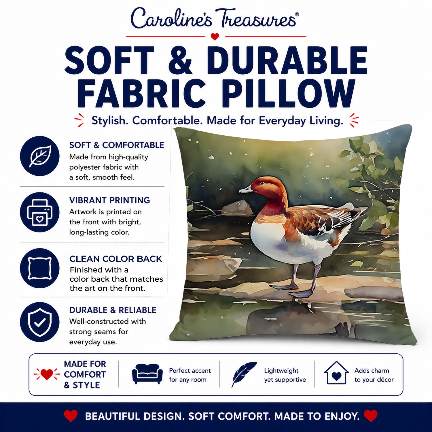 Redhead Duck Standing by Water Decorative Throw Pillow 18x18 Indoor Outdoor Accent Cushion, Fabric Cover with Insert for Sofa, Bed, Porch & Living Room