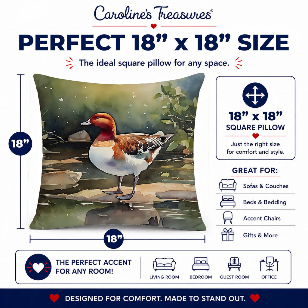 Redhead Duck Standing by Water Decorative Throw Pillow 18x18 Indoor Outdoor Accent Cushion, Fabric Cover with Insert for Sofa, Bed, Porch & Living Room