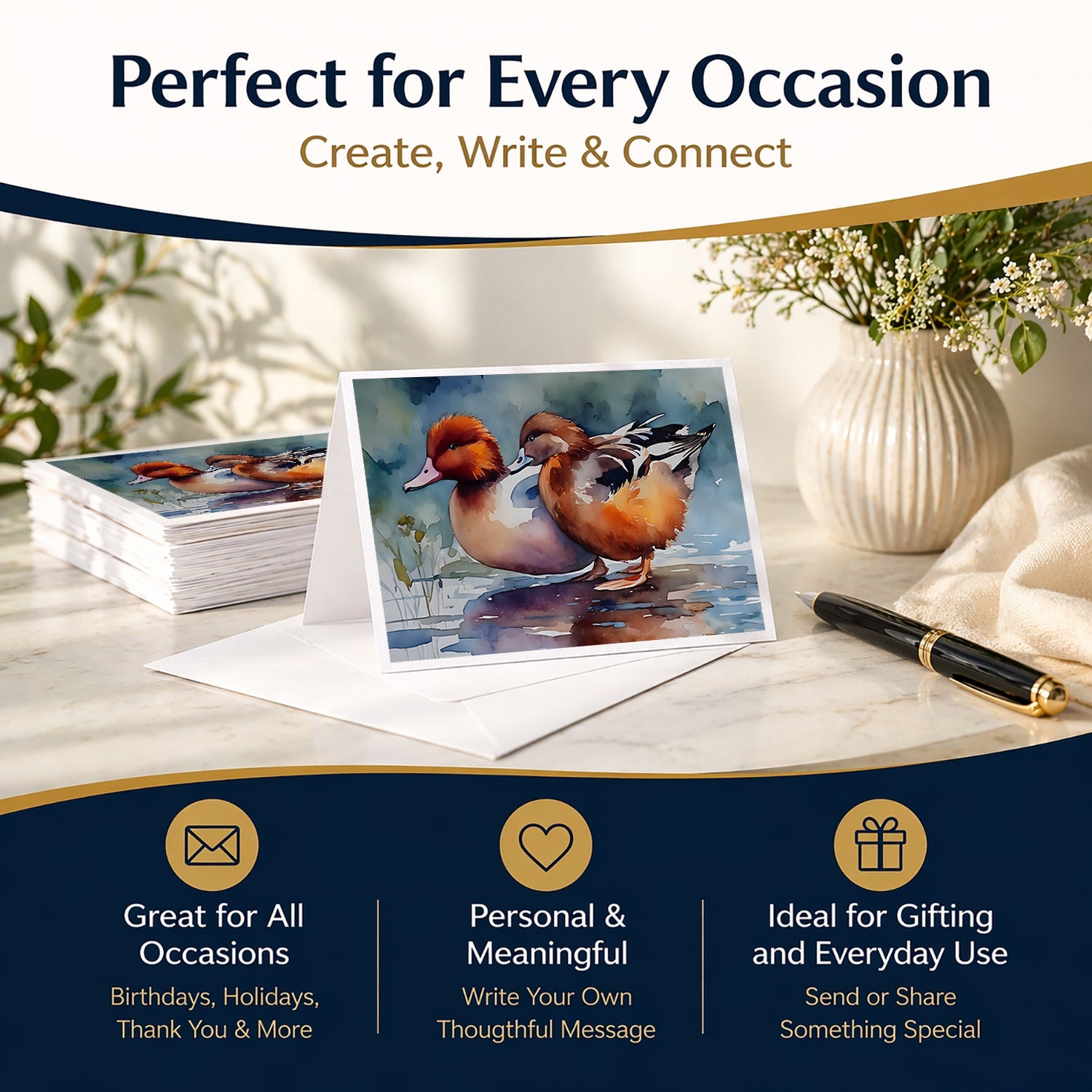 Redhead Duck Pair of Ducks Swimming Greeting Cards Pack of 8 Blank Cards with Envelopes Whimsical A7 Size 5x7