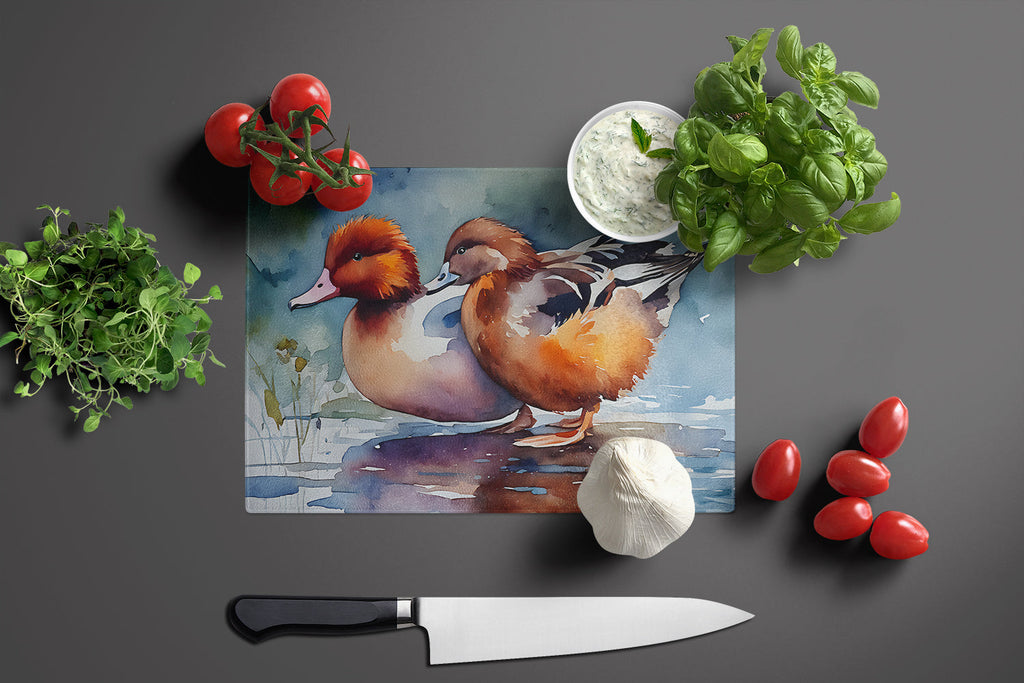 Redhead Duck Pair of Ducks Swimming Cutting Board Tempered Glass Kitchen Cutting Surface, Heat Resistant Chopping, Non-Slip Feet, Food Prep & Serving