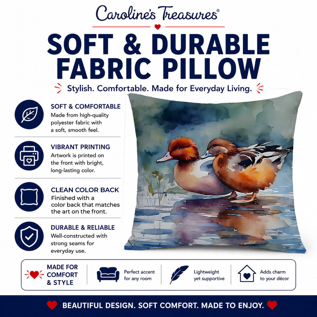 Redhead Duck Pair of Ducks Swimming Decorative Throw Pillow 18x18 Indoor Outdoor Accent Cushion, Fabric Cover with Insert for Sofa, Bed, Porch & Living Room