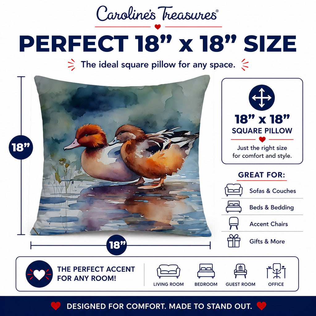 Redhead Duck Pair of Ducks Swimming Decorative Throw Pillow 18x18 Indoor Outdoor Accent Cushion, Fabric Cover with Insert for Sofa, Bed, Porch & Living Room