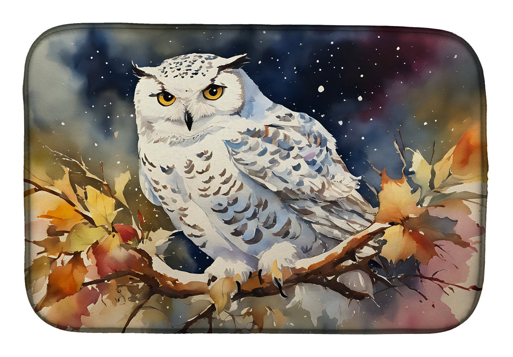 Snowy Owl with Autumn Leaves Dish Drying Mat Absorbent Dish Drying Mat Pad for Kitchen Counter Dish Drainer Mat for Countertop, 14 x 21", Multicolor