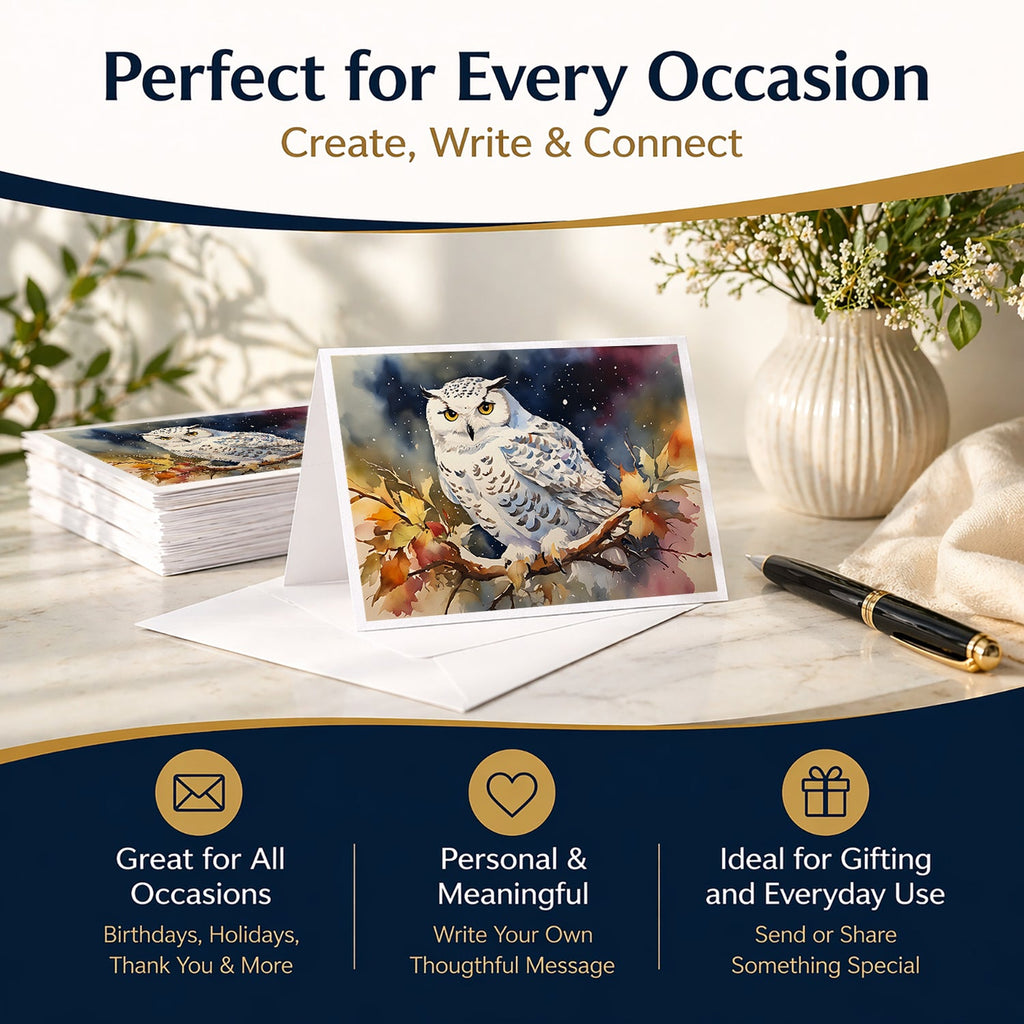 Snowy Owl with Autumn Leaves Greeting Cards Pack of 8 Blank Cards with Envelopes Whimsical A7 Size 5x7