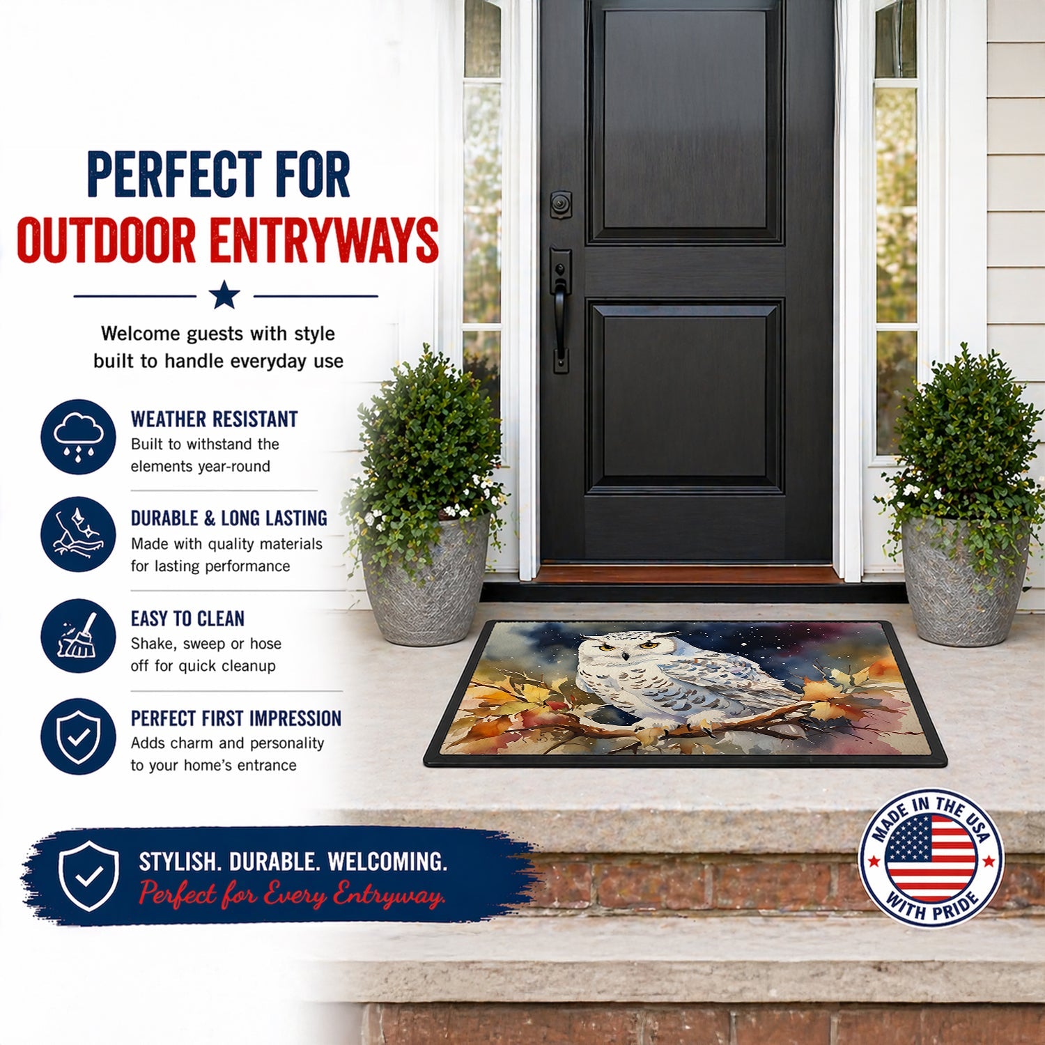 Snowy Owl with Autumn Leaves Doormat Indoor Outdoor 18H X 27W Front Door Mat Rugs for Entryway, Non Slip Washable