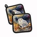 Snowy Owl with Autumn Leaves Pot Holder Set of 2 Heat Resistant Quilted Hot Pads 7.5 x 7.5 Inch, Insulated Kitchen Trivets for Cooking & Baking