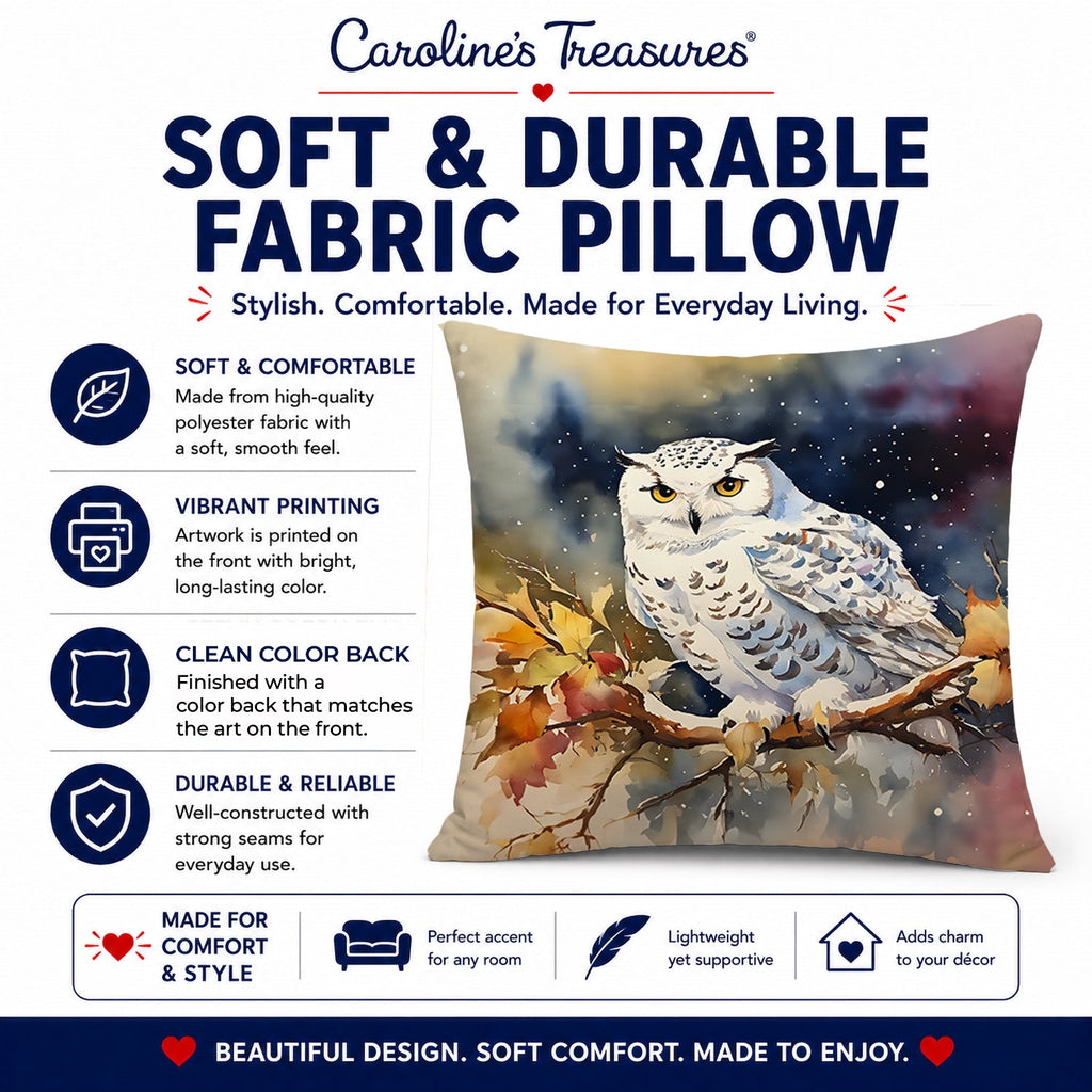 Snowy Owl with Autumn Leaves Decorative Throw Pillow 18x18 Indoor Outdoor Accent Cushion, Fabric Cover with Insert for Sofa, Bed, Porch & Living Room