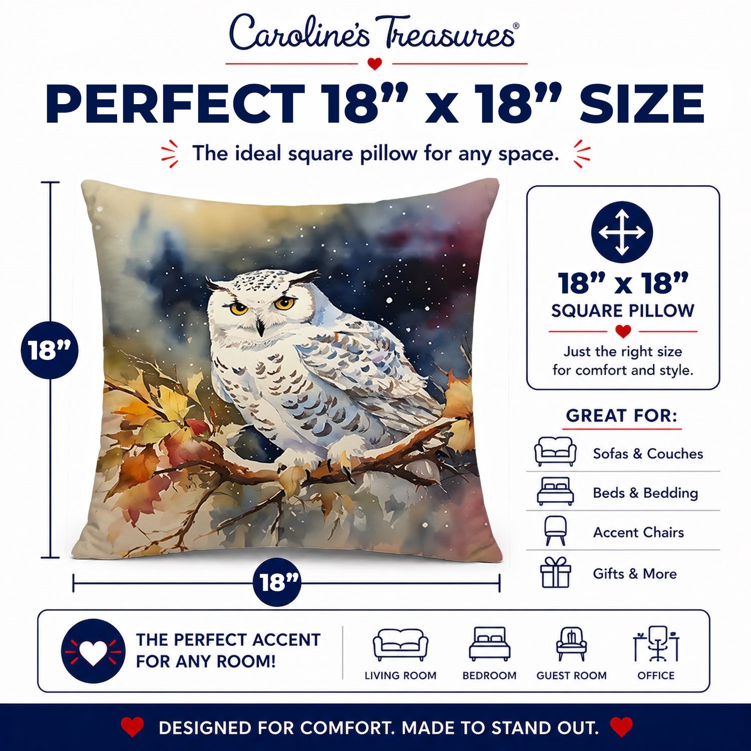 Snowy Owl with Autumn Leaves Decorative Throw Pillow 18x18 Indoor Outdoor Accent Cushion, Fabric Cover with Insert for Sofa, Bed, Porch & Living Room