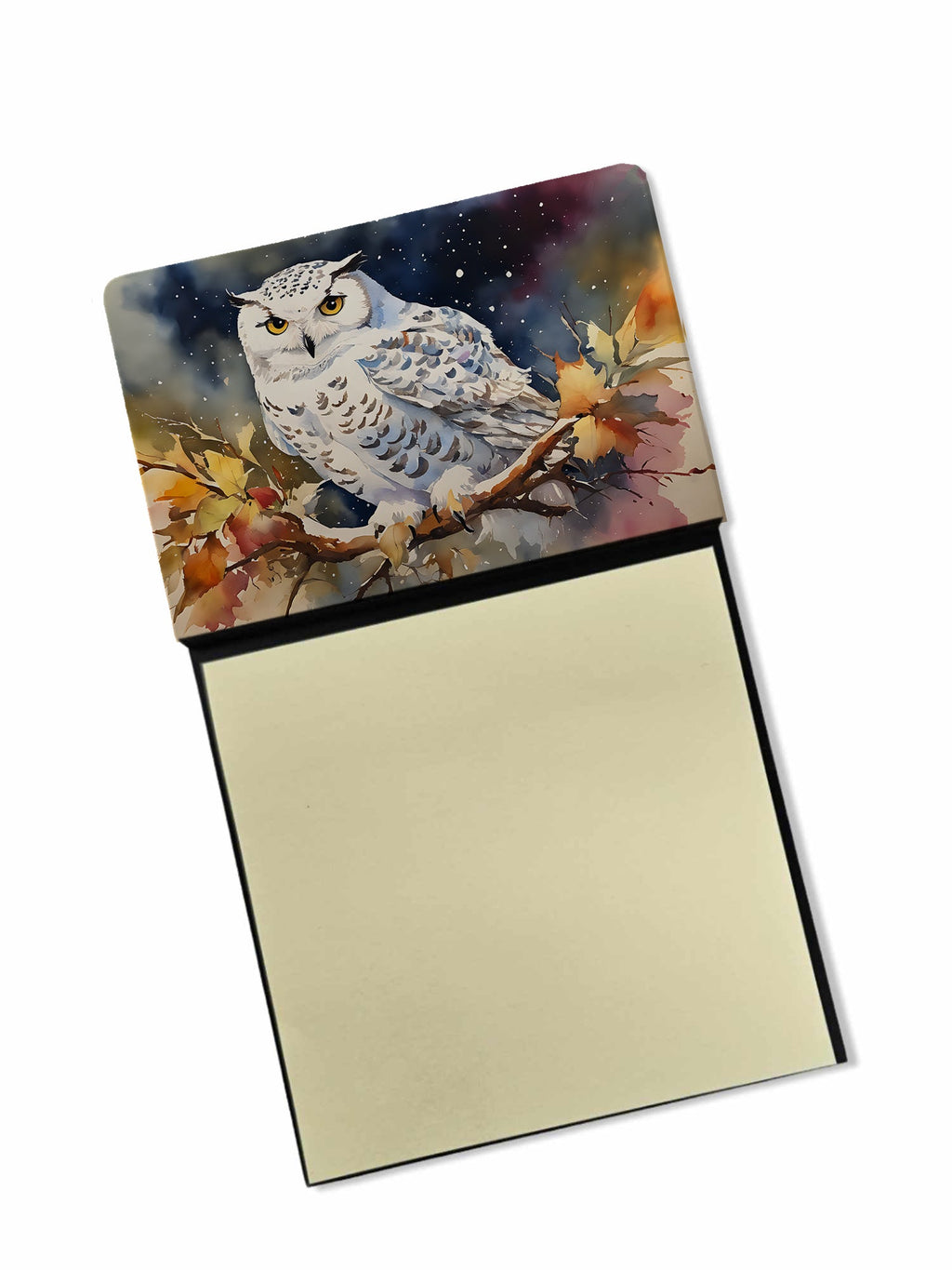 Snowy Owl with Autumn Leaves Watercolor Sticky Note Holder Refillable Dispenser Desk Accessory 3x3 Pad Gift