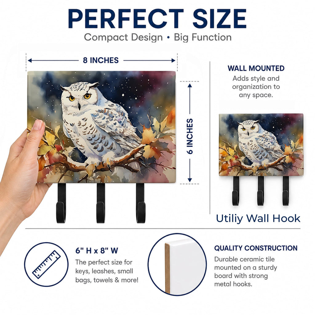 Snowy Owl with Autumn Leaves Leash or Key Holder Wall Hooks, Coat Rack Wall Mount, for Hanging Keys, Towels, Aprons, Leashes
