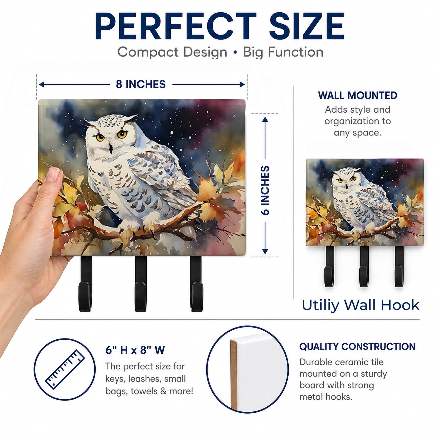 Snowy Owl with Autumn Leaves Leash or Key Holder Wall Hooks, Coat Rack Wall Mount, for Hanging Keys, Towels, Aprons, Leashes