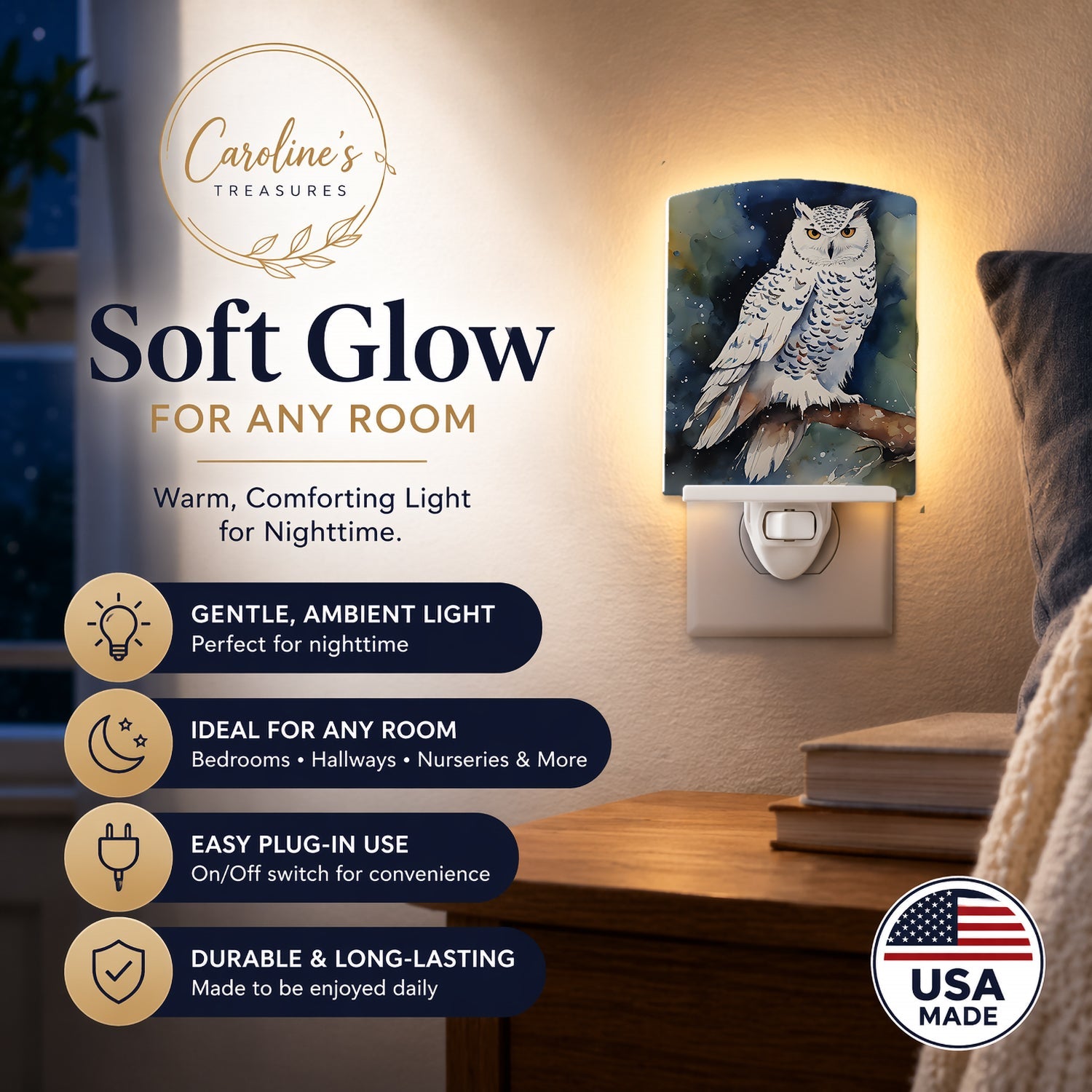 Snowy Owl Night Sky Watercolor Ceramic Night Light Compact, UL-Certified, Ideal for Bedroom, Bathroom, Nursery, Hallway, Kitchen, 6x4x3, Multicolor