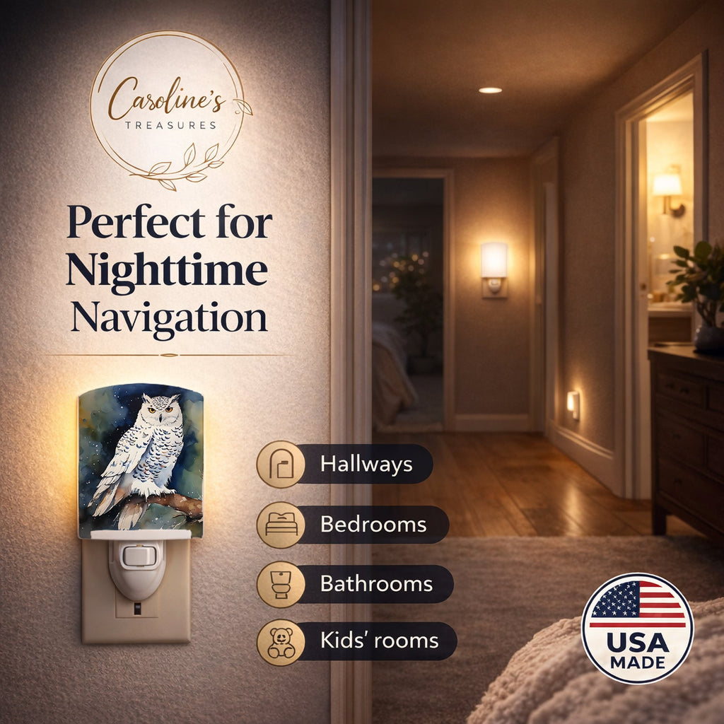 Snowy Owl Night Sky Watercolor Ceramic Night Light Compact, UL-Certified, Ideal for Bedroom, Bathroom, Nursery, Hallway, Kitchen, 6x4x3, Multicolor