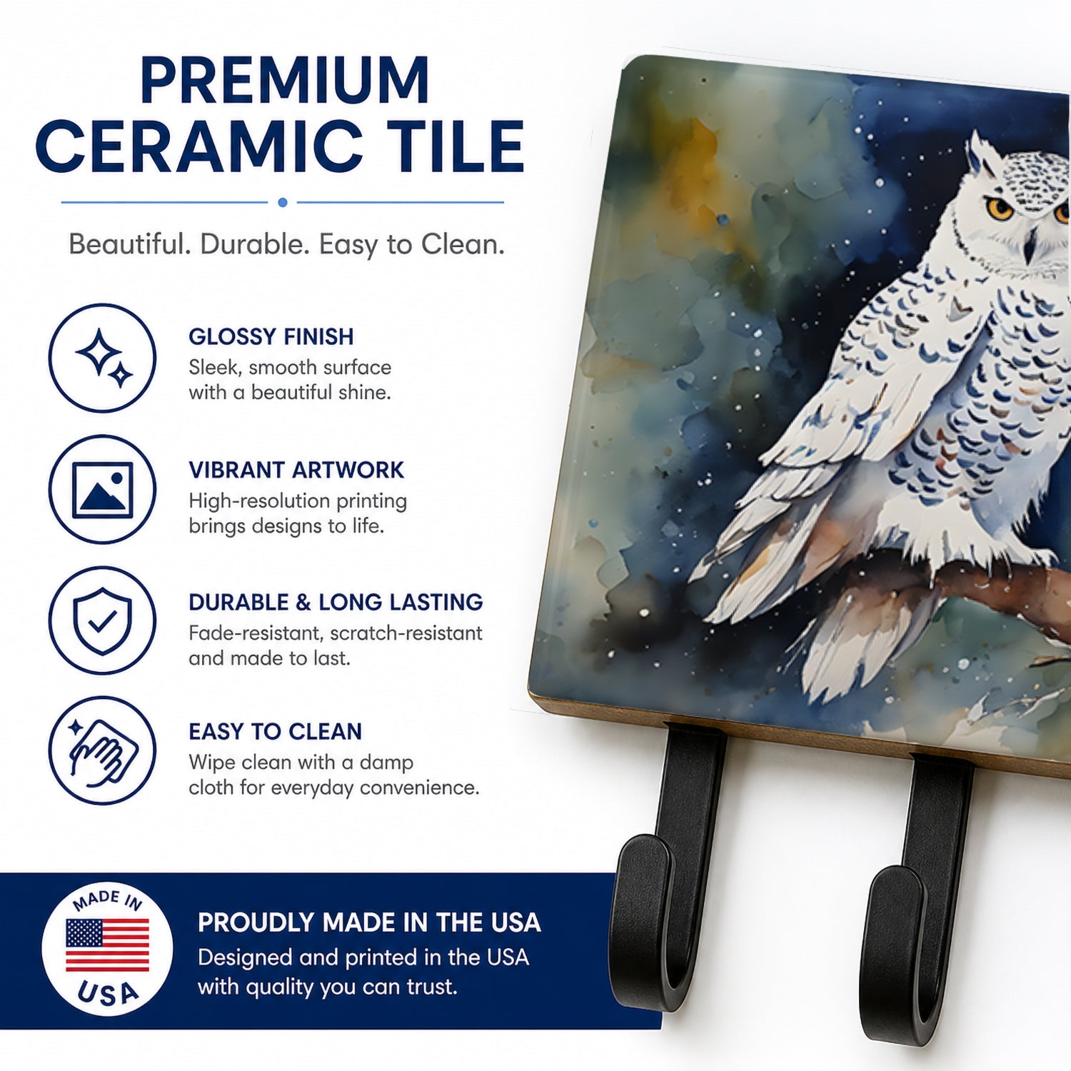 Snowy Owl Night Sky Watercolor Leash or Key Holder Wall Hooks, Coat Rack Wall Mount, for Hanging Keys, Towels, Aprons, Leashes
