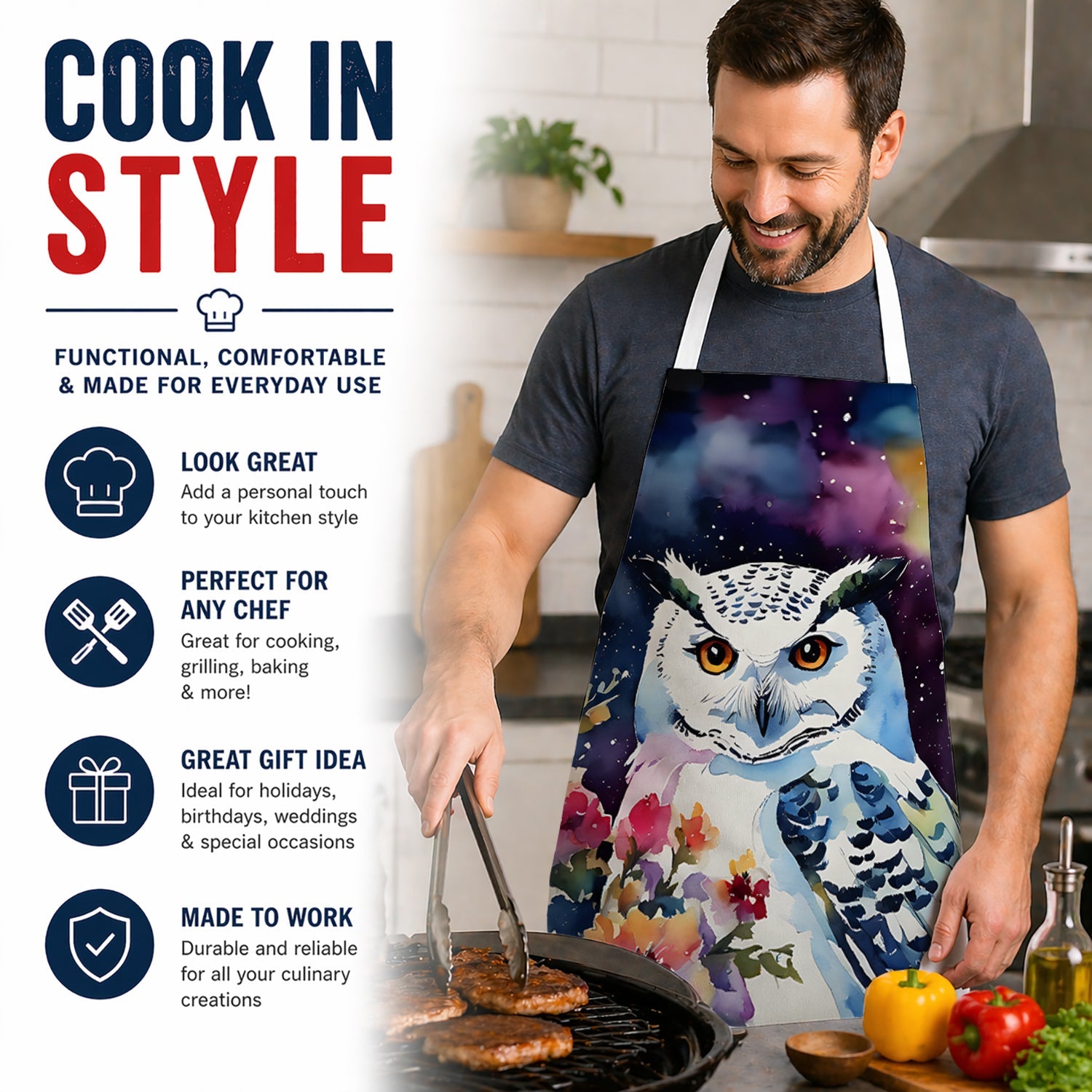 Snowy Owl with Flowers Colorful Watercolor Apron Cooking Kitchen Server Baking Crafts Gardening for Adult Women Men, Unisex, Large, Multicolor