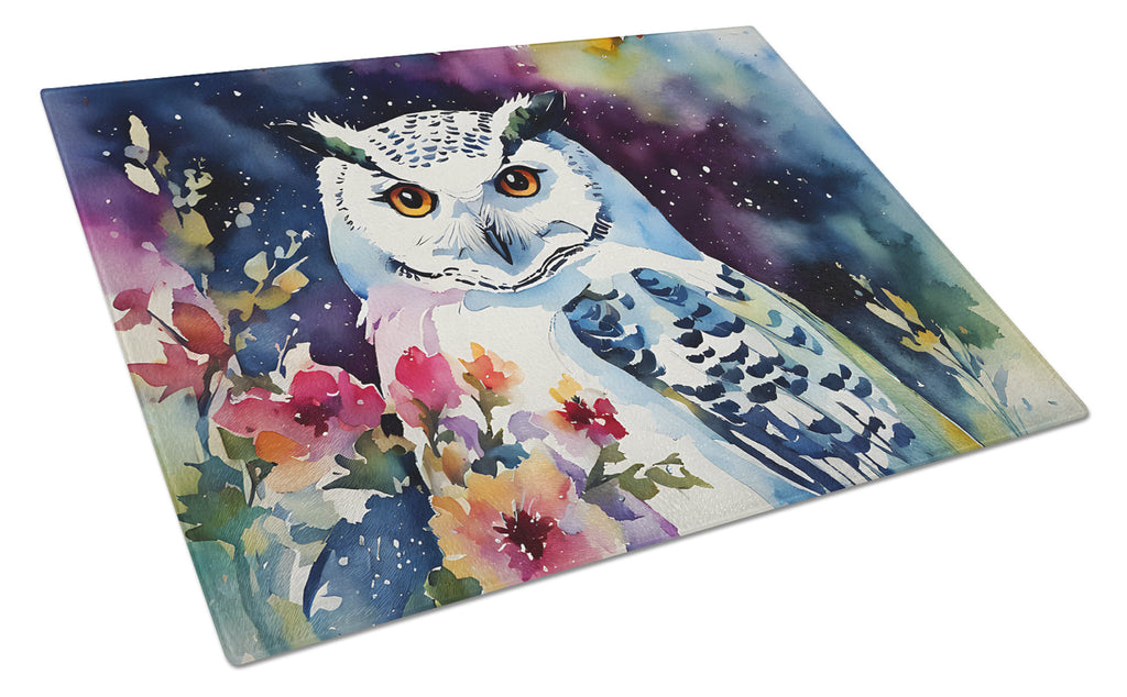 Snowy Owl with Flowers Colorful Watercolor Cutting Board Tempered Glass Kitchen Cutting Surface, Heat Resistant Chopping, Non-Slip Feet, Food Prep & Serving