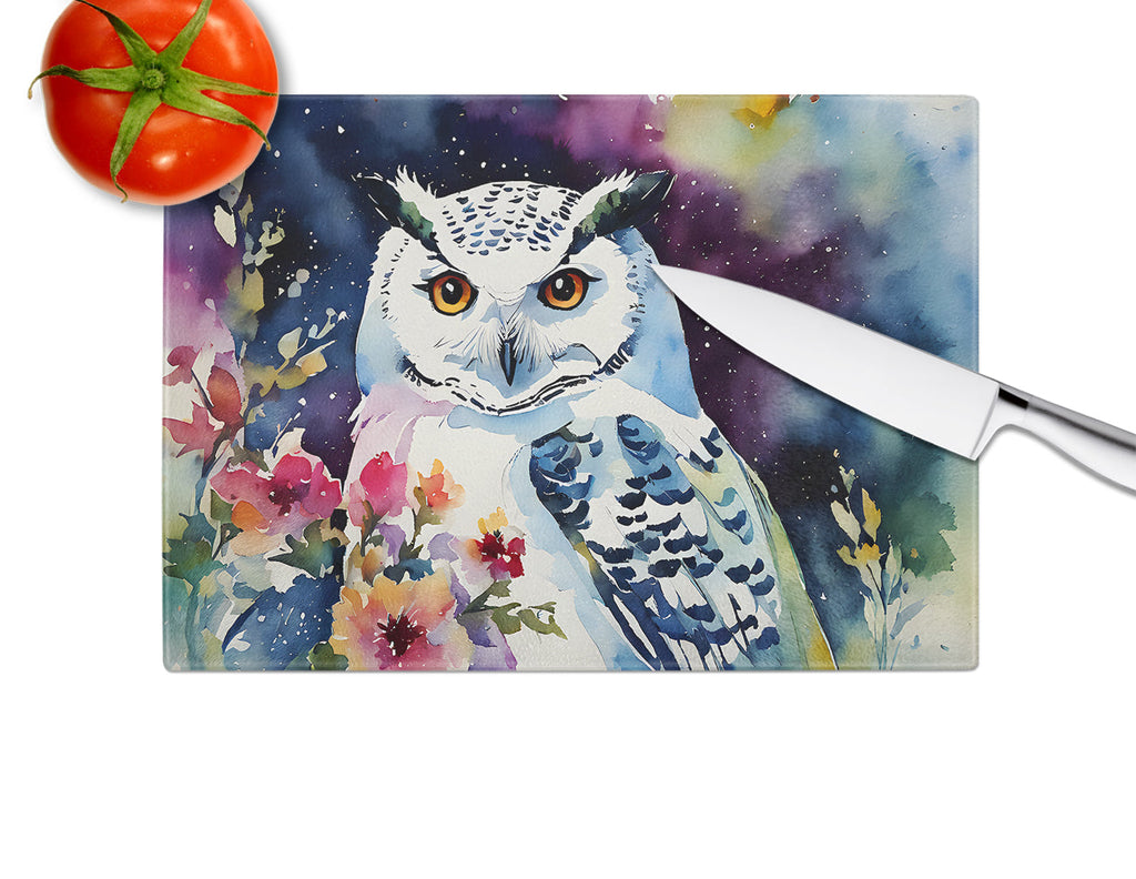 Snowy Owl with Flowers Colorful Watercolor Cutting Board Tempered Glass Kitchen Cutting Surface, Heat Resistant Chopping, Non-Slip Feet, Food Prep & Serving