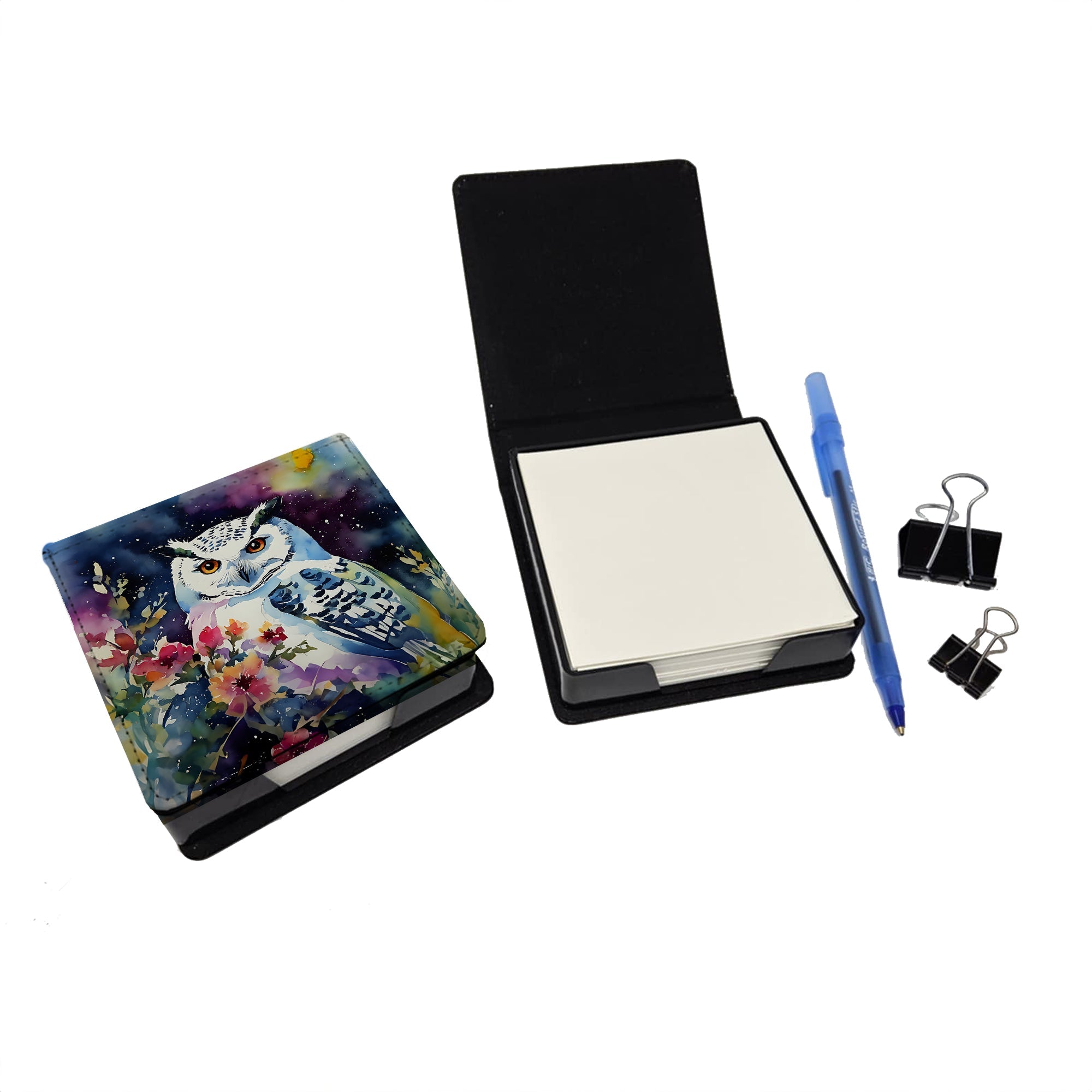Snowy Owl with Flowers Colorful Watercolor PU Leather Note Paper Holder with Artist-Designed Cover, Desk Accessory, Office Gift