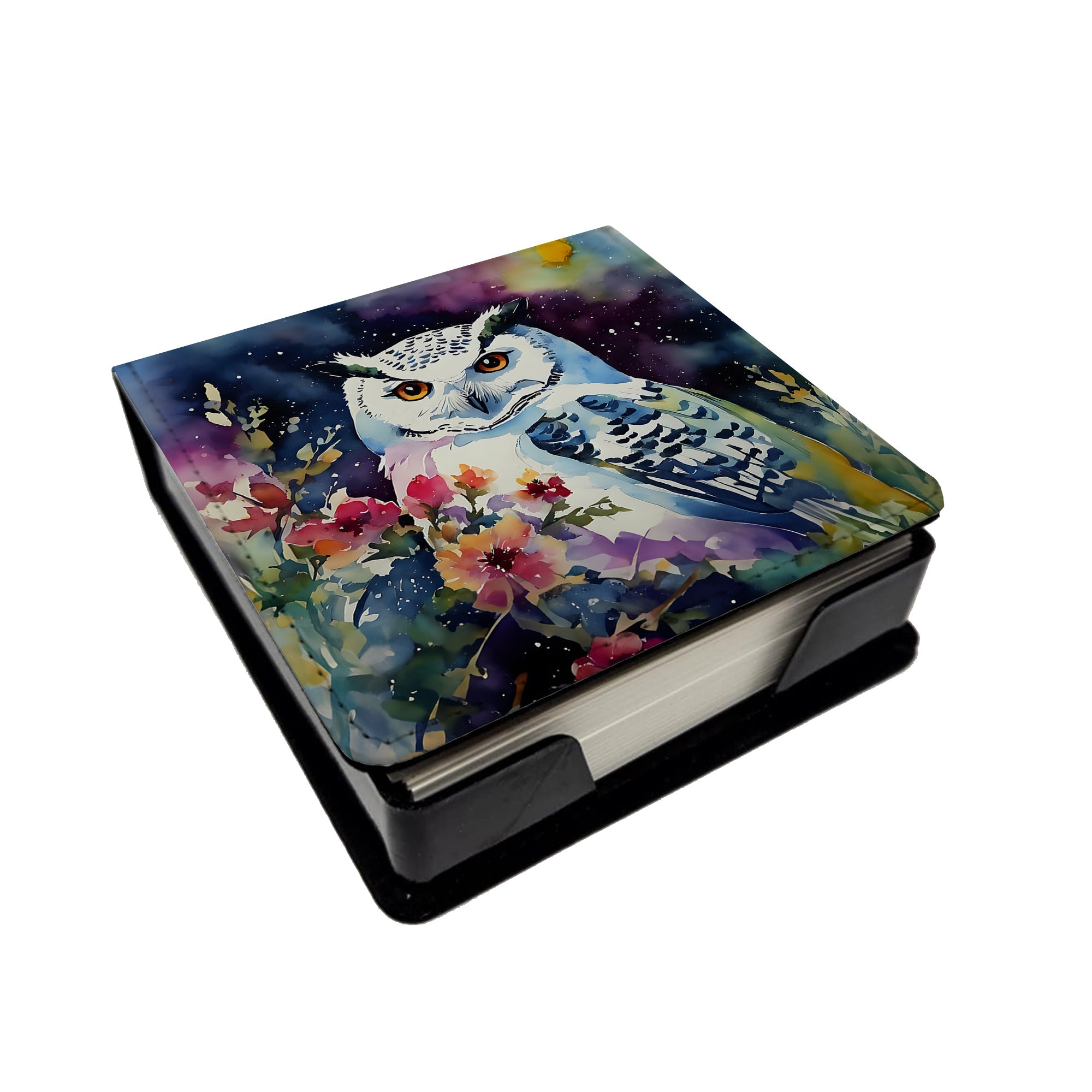 Snowy Owl with Flowers Colorful Watercolor PU Leather Note Paper Holder with Artist-Designed Cover, Desk Accessory, Office Gift