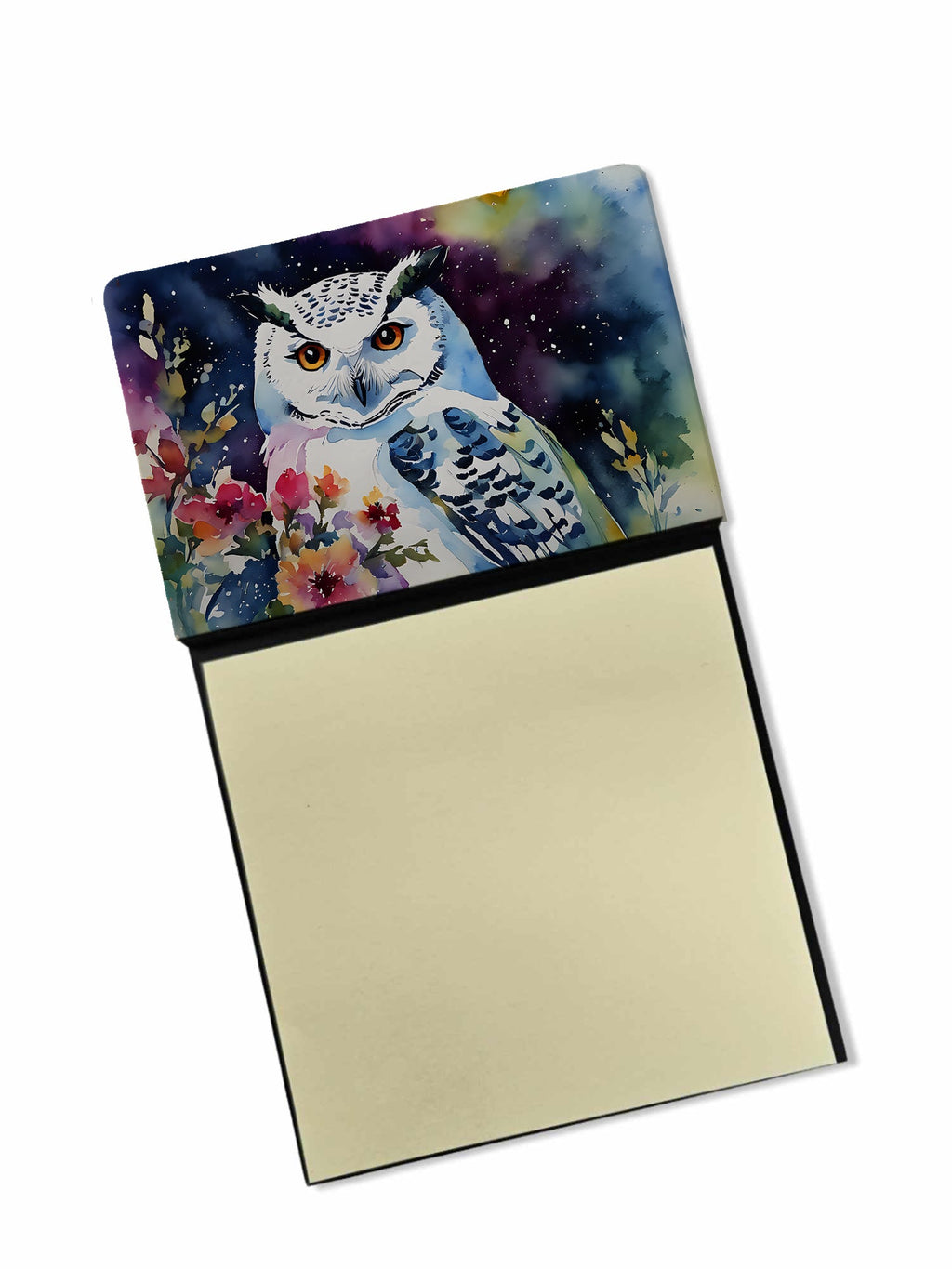 Snowy Owl with Flowers Colorful Watercolor Watercolor Sticky Note Holder Refillable Dispenser Desk Accessory 3x3 Pad Gift