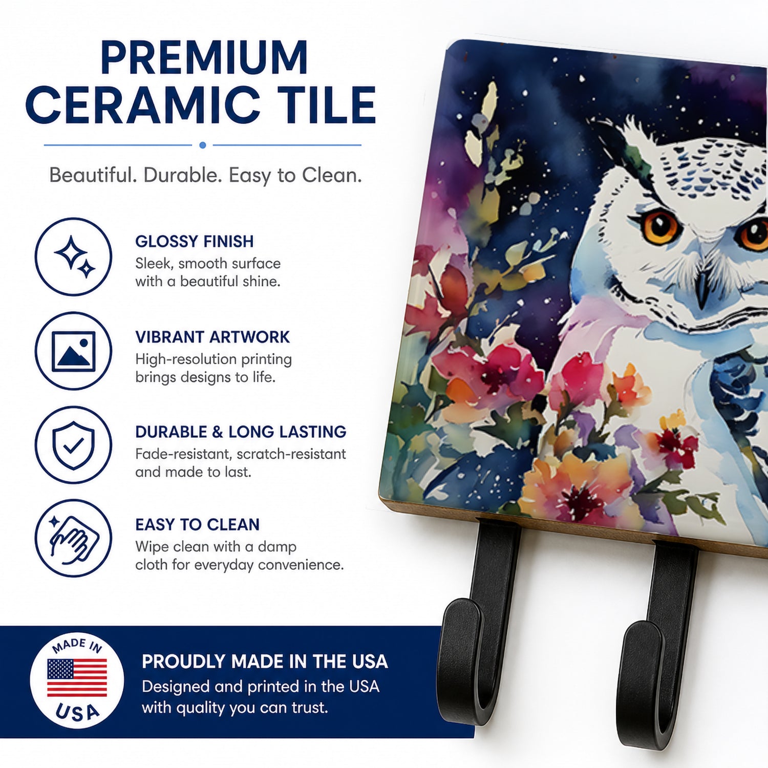Snowy Owl with Flowers Colorful Watercolor Leash or Key Holder Wall Hooks, Coat Rack Wall Mount, for Hanging Keys, Towels, Aprons, Leashes