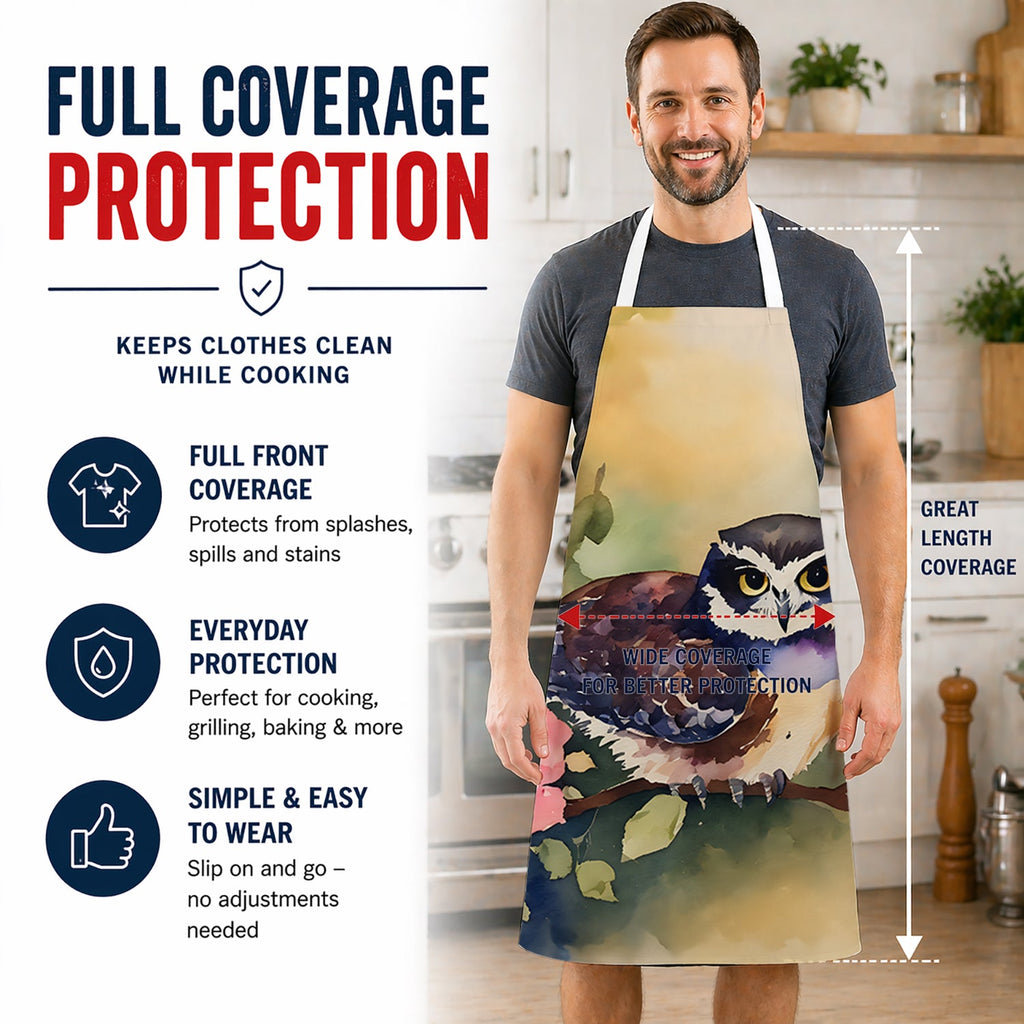 Spectacled Owl on Branch with Flowers Apron Cooking Kitchen Server Baking Crafts Gardening for Adult Women Men, Unisex, Large, Multicolor