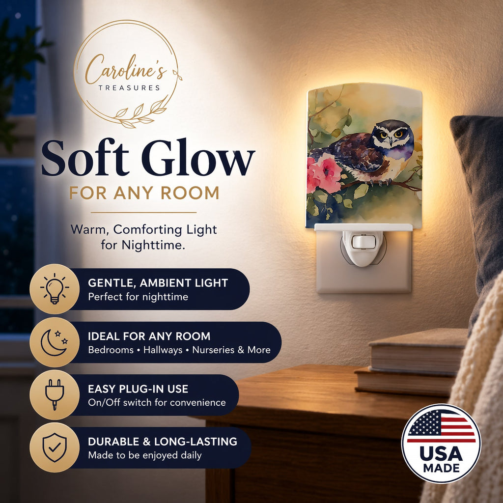 Spectacled Owl on Branch with Flowers Ceramic Night Light Compact, UL-Certified, Ideal for Bedroom, Bathroom, Nursery, Hallway, Kitchen, 6x4x3, Multicolor