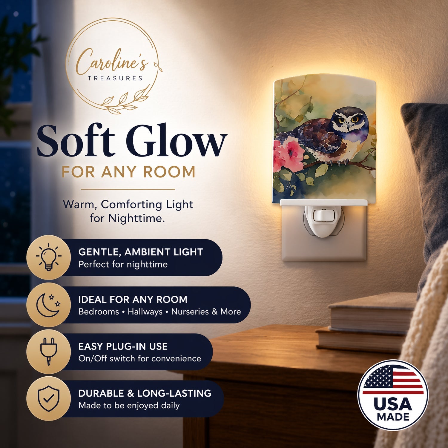 Spectacled Owl on Branch with Flowers Ceramic Night Light Compact, UL-Certified, Ideal for Bedroom, Bathroom, Nursery, Hallway, Kitchen, 6x4x3, Multicolor