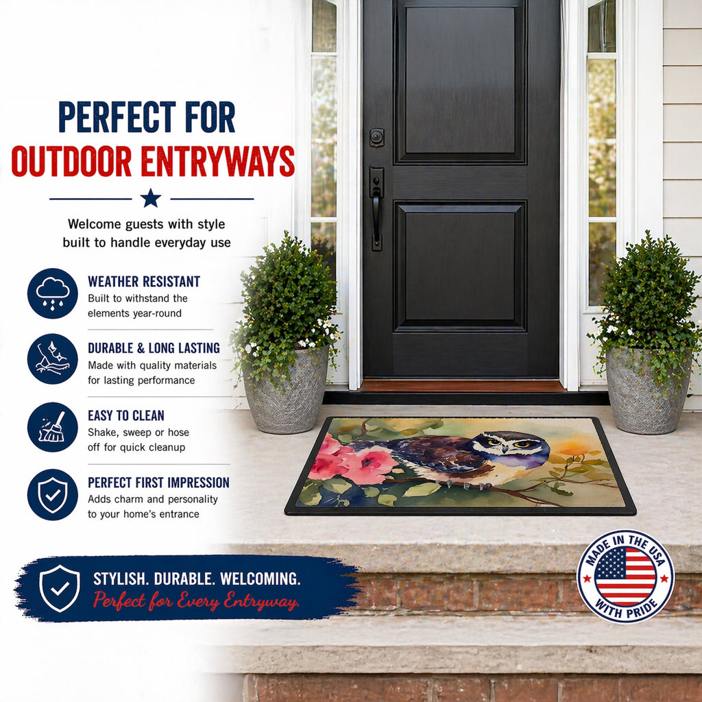 Spectacled Owl on Branch with Flowers Doormat Indoor Outdoor 24H X 36W Front Door Mat Rugs for Entryway, Non Slip Washable Low Pile,