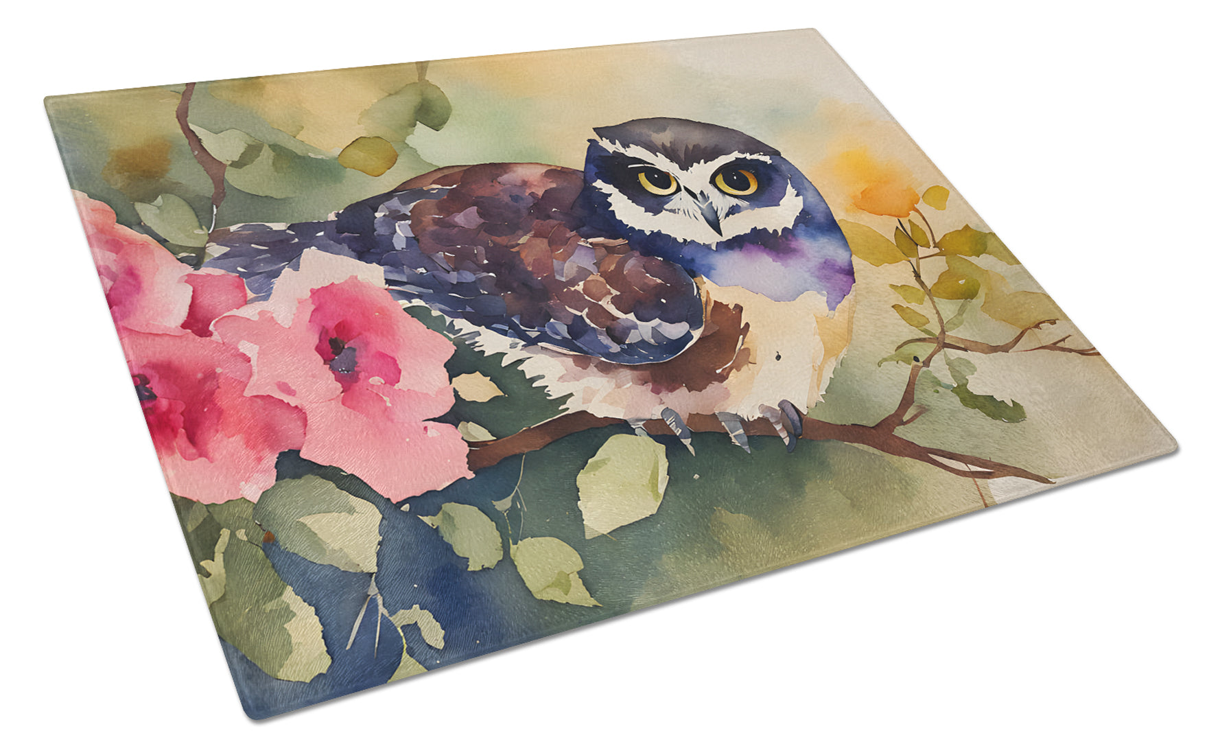 Spectacled Owl on Branch with Flowers Cutting Board Tempered Glass Kitchen Cutting Surface, Heat Resistant Chopping, Non-Slip Feet, Food Prep & Serving