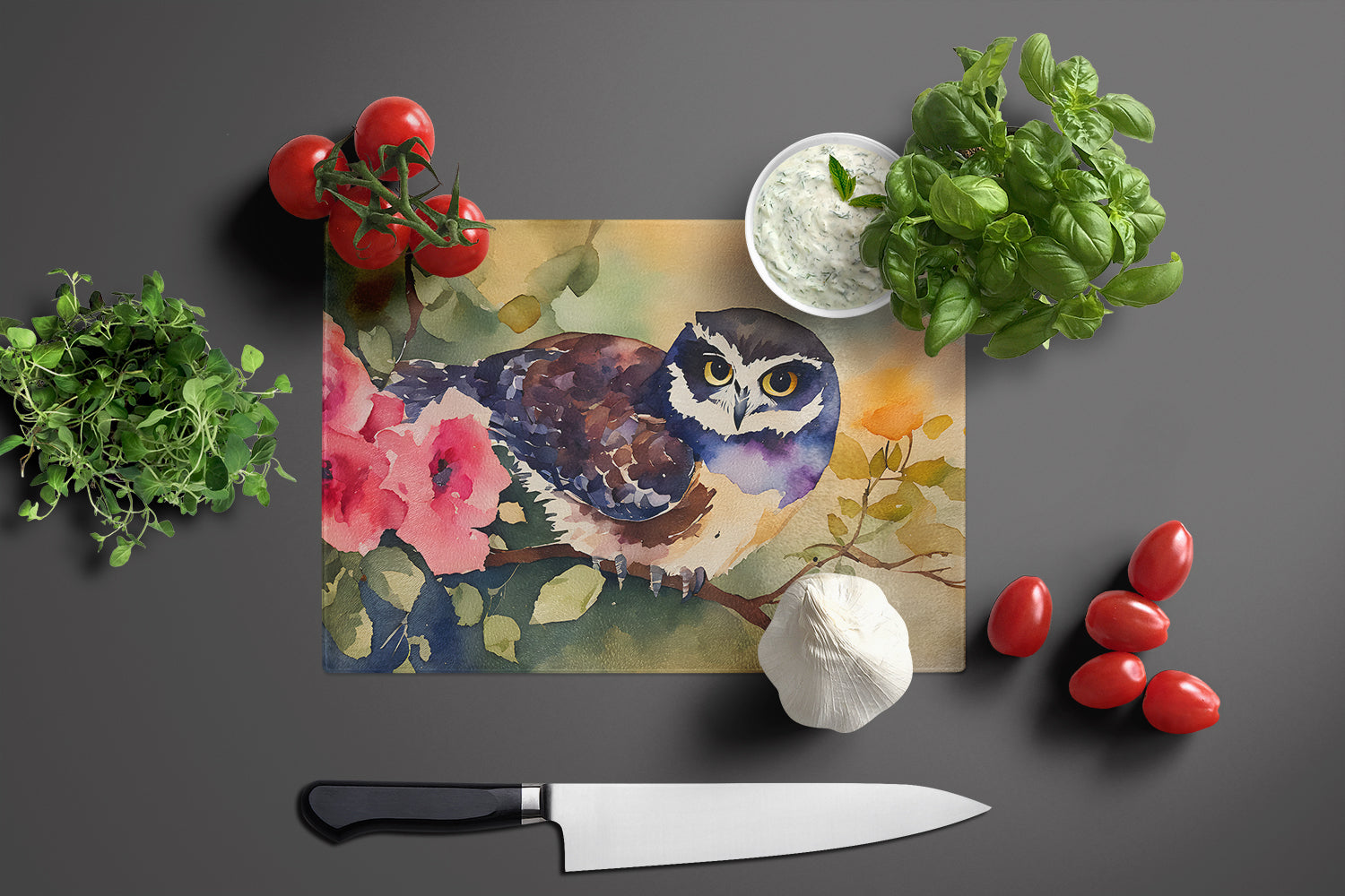Spectacled Owl on Branch with Flowers Cutting Board Tempered Glass Kitchen Cutting Surface, Heat Resistant Chopping, Non-Slip Feet, Food Prep & Serving