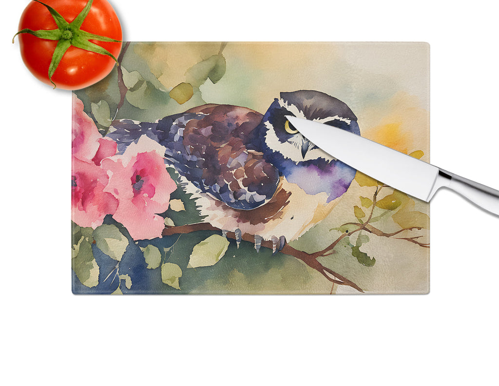 Spectacled Owl on Branch with Flowers Cutting Board Tempered Glass Kitchen Cutting Surface, Heat Resistant Chopping, Non-Slip Feet, Food Prep & Serving