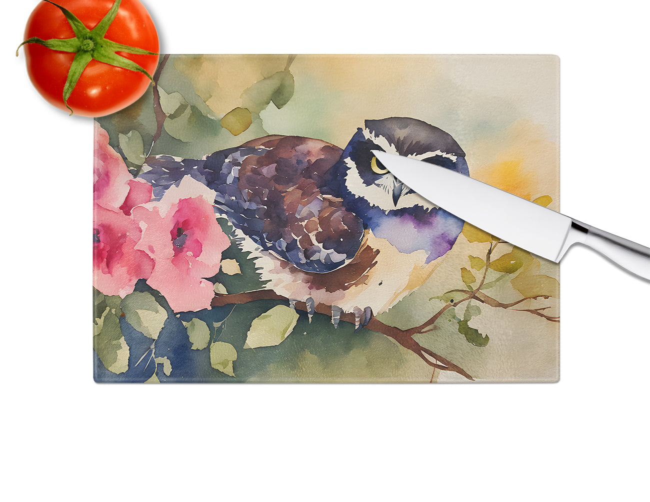 Spectacled Owl on Branch with Flowers Cutting Board Tempered Glass Kitchen Cutting Surface, Heat Resistant Chopping, Non-Slip Feet, Food Prep & Serving