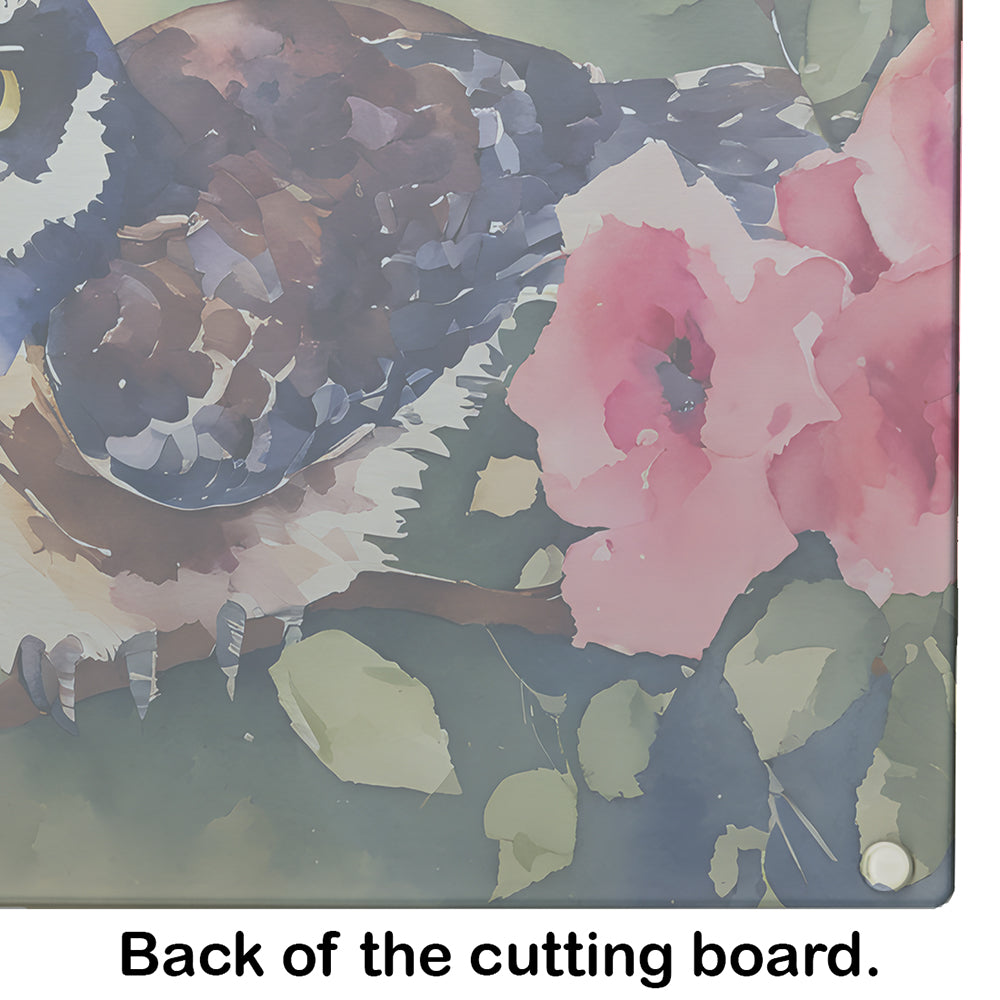 Spectacled Owl on Branch with Flowers Cutting Board Tempered Glass Kitchen Cutting Surface, Heat Resistant Chopping, Non-Slip Feet, Food Prep & Serving