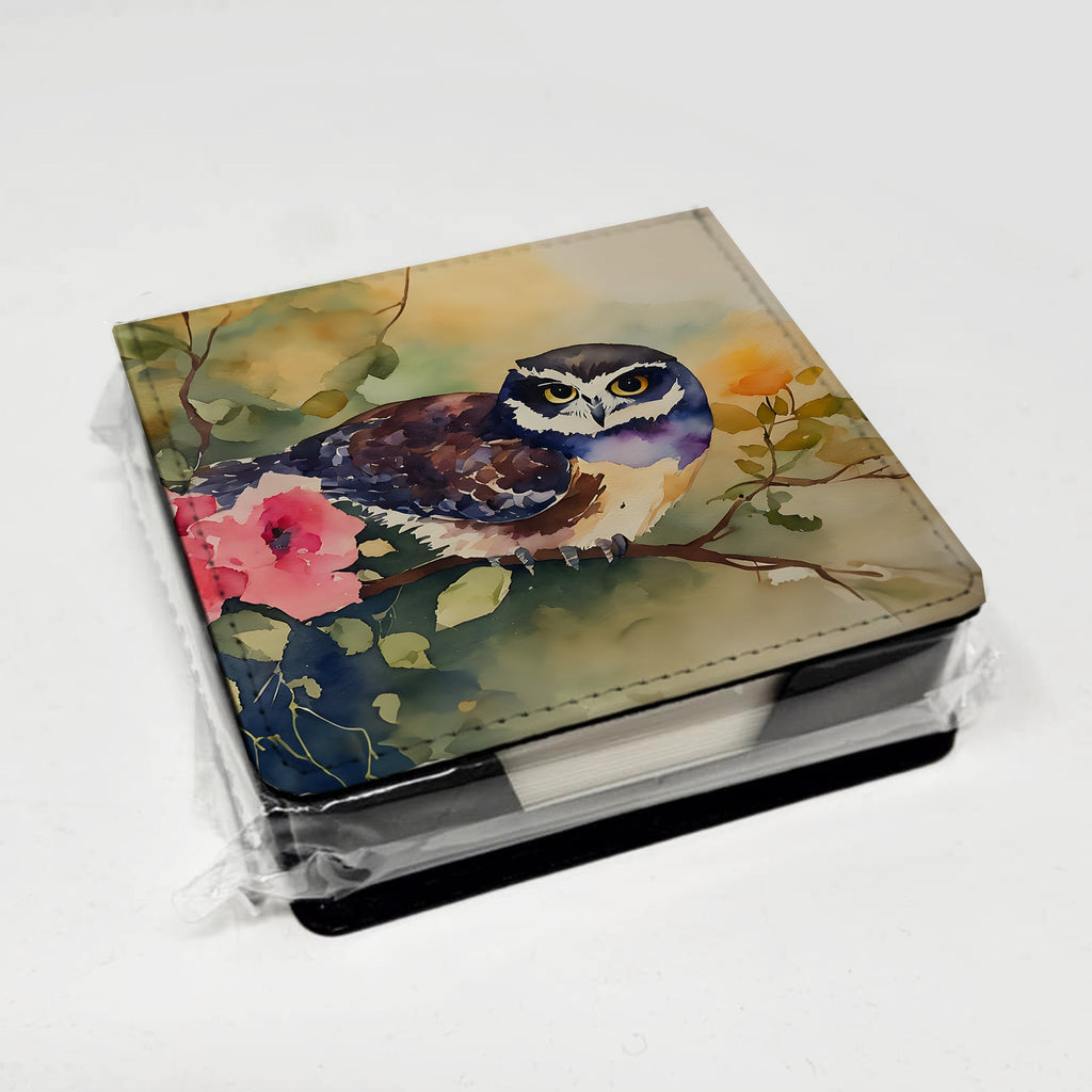 Spectacled Owl on Branch with Flowers PU Leather Note Paper Holder with Artist-Designed Cover, Desk Accessory, Office Gift