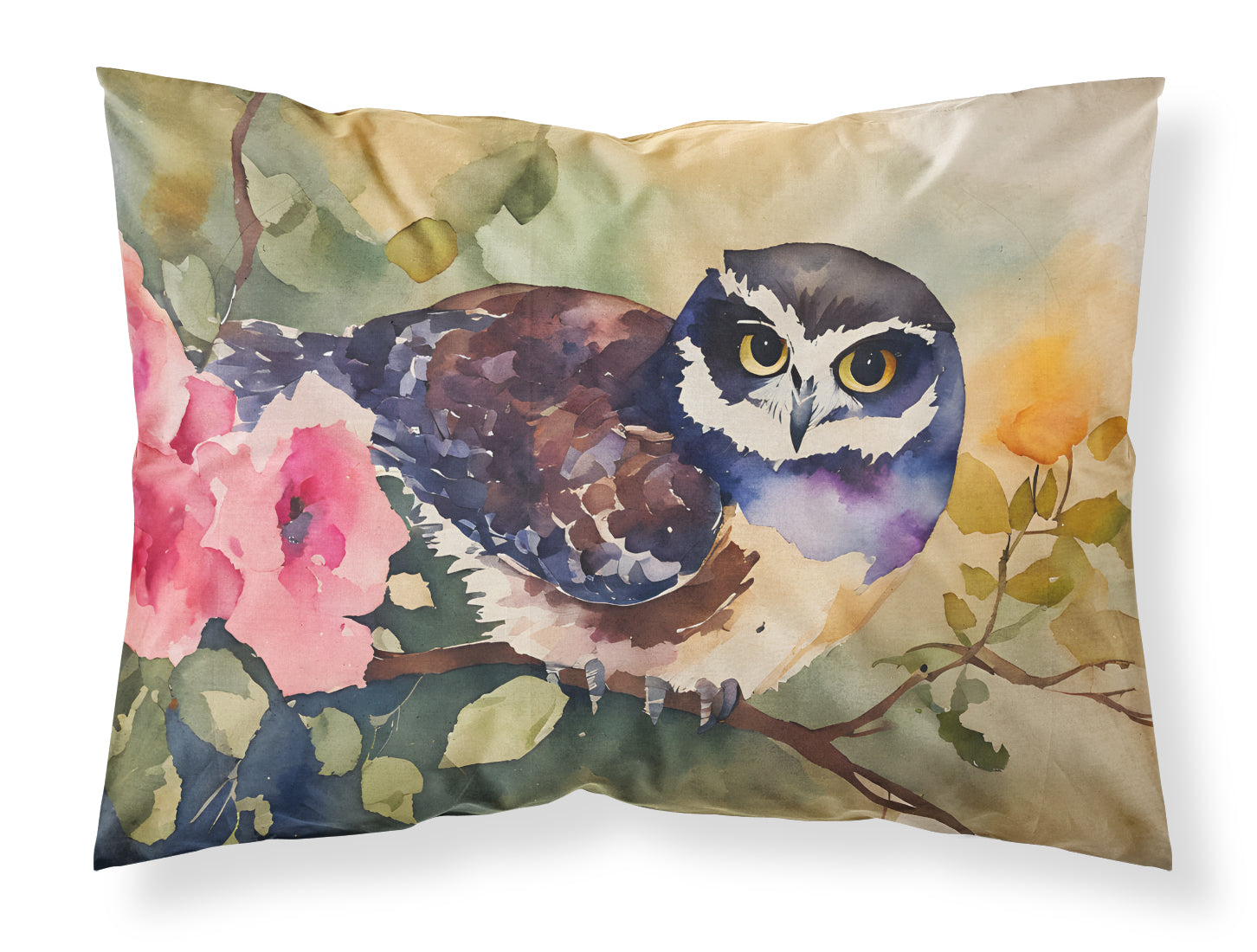 Spectacled Owl on Branch with Flowers Standard Pillowcase Lightweight Super Soft Easy Care Decorative Artwork Pillowcase, Standard