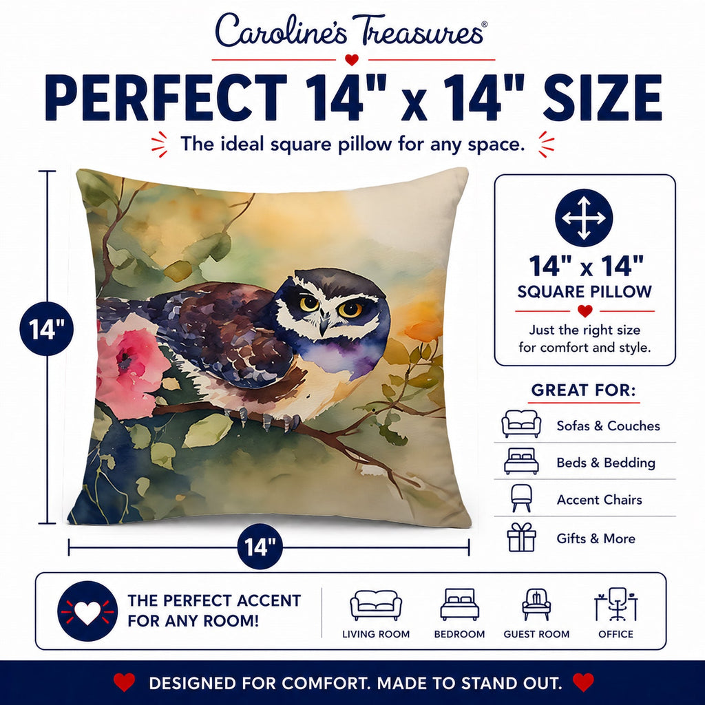 Spectacled Owl on Branch with Flowers Decorative Throw Pillow 14x14 Indoor Outdoor Accent Cushion, Fabric Cover with Insert for Sofa, Bed, Porch & Living Room