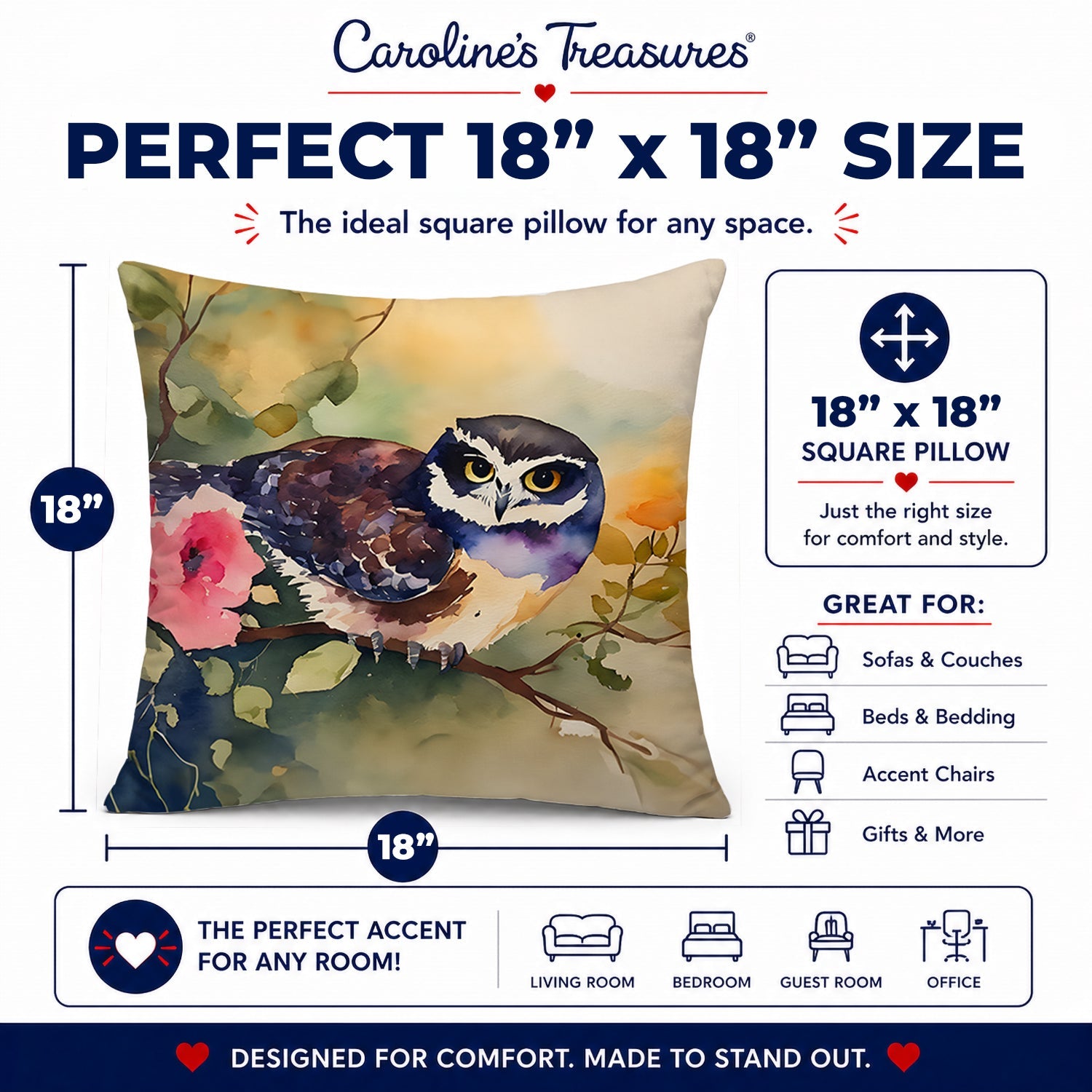Spectacled Owl on Branch with Flowers Decorative Throw Pillow 18x18 Indoor Outdoor Accent Cushion, Fabric Cover with Insert for Sofa, Bed, Porch & Living Room