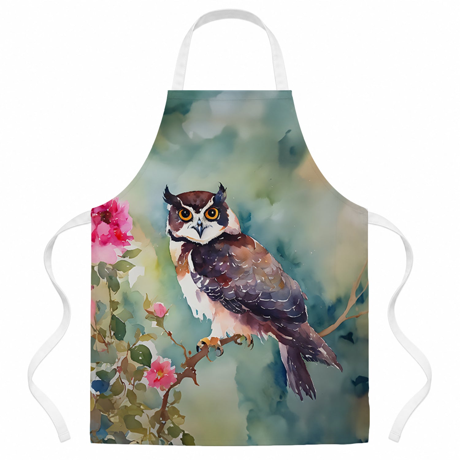 Spectacled Owl Perched with Pink Flowers Apron Cooking Kitchen Server Baking Crafts Gardening for Adult Women Men, Unisex, Large, Multicolor
