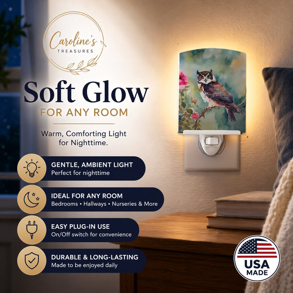 Spectacled Owl Perched with Pink Flowers Ceramic Night Light Compact, UL-Certified, Ideal for Bedroom, Bathroom, Nursery, Hallway, Kitchen, 6x4x3, Multicolor