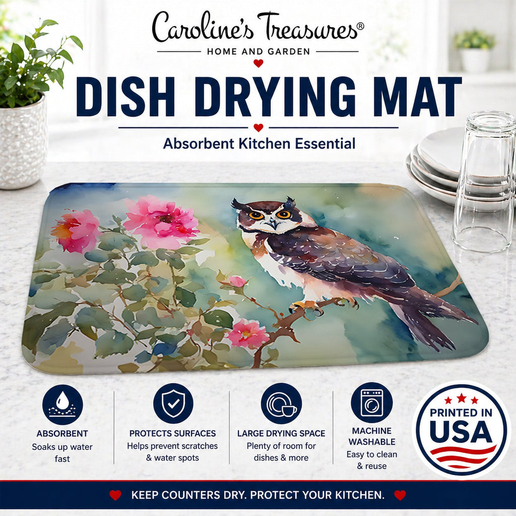Spectacled Owl Perched with Pink Flowers Dish Drying Mat Absorbent Dish Drying Mat Pad for Kitchen Counter Dish Drainer Mat for Countertop, 14 x 21", Multicolor