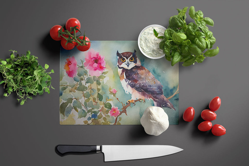 Spectacled Owl Perched with Pink Flowers Cutting Board Tempered Glass Kitchen Cutting Surface, Heat Resistant Chopping, Non-Slip Feet, Food Prep & Serving